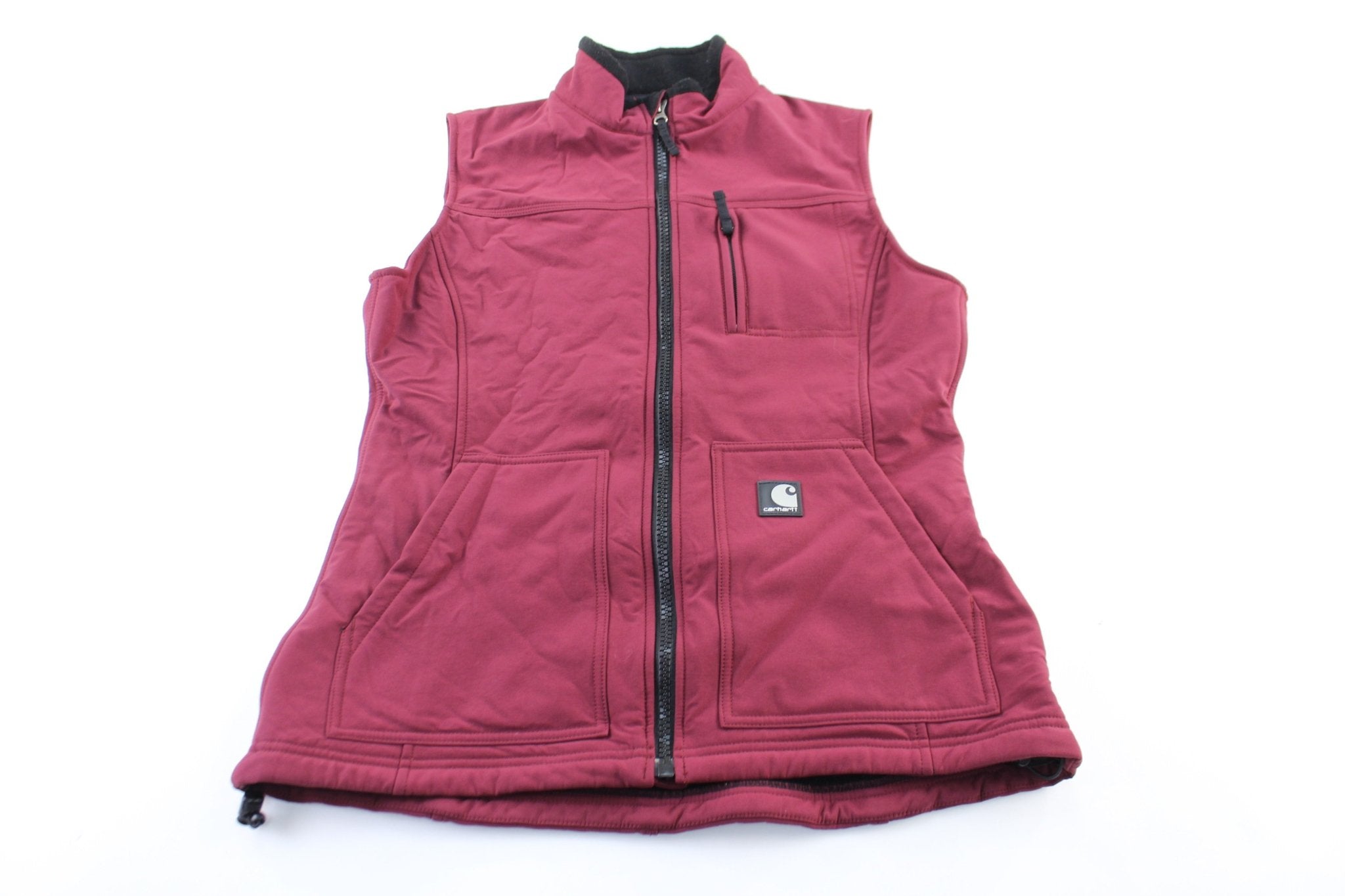 Women's Carhartt Logo Patch Maroon Zip Up Vest - ThriftedThreads.com