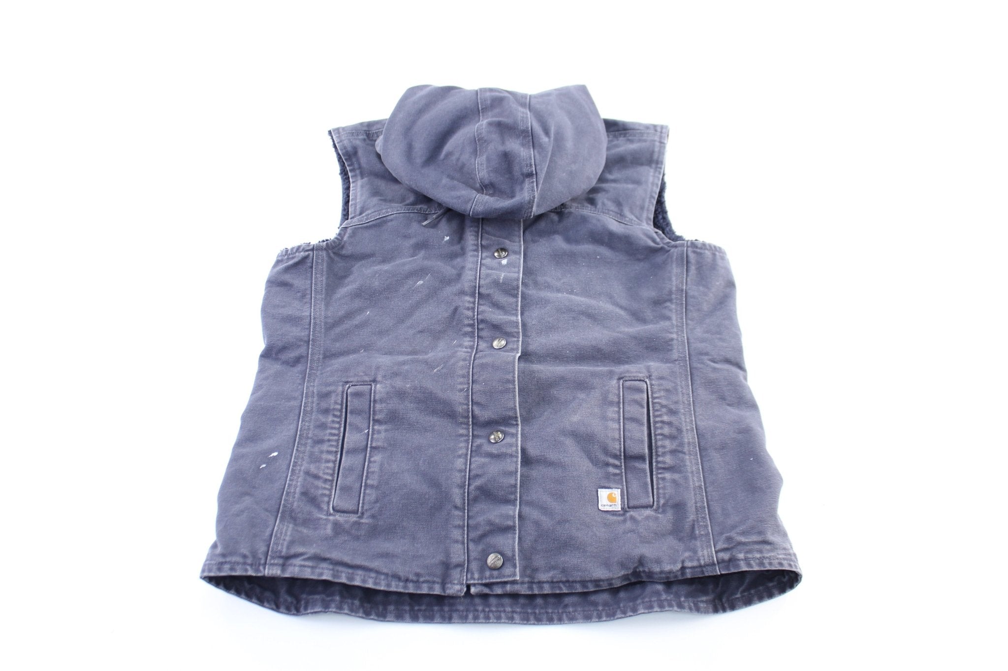 Women's Carhartt Logo Patch Navy Blue Sherpa Vest - ThriftedThreads.com