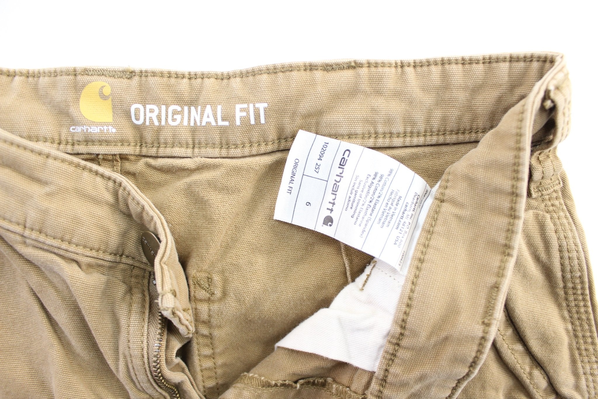Women's Carhartt Logo Patch Tan Carpenter Shorts - ThriftedThreads.com