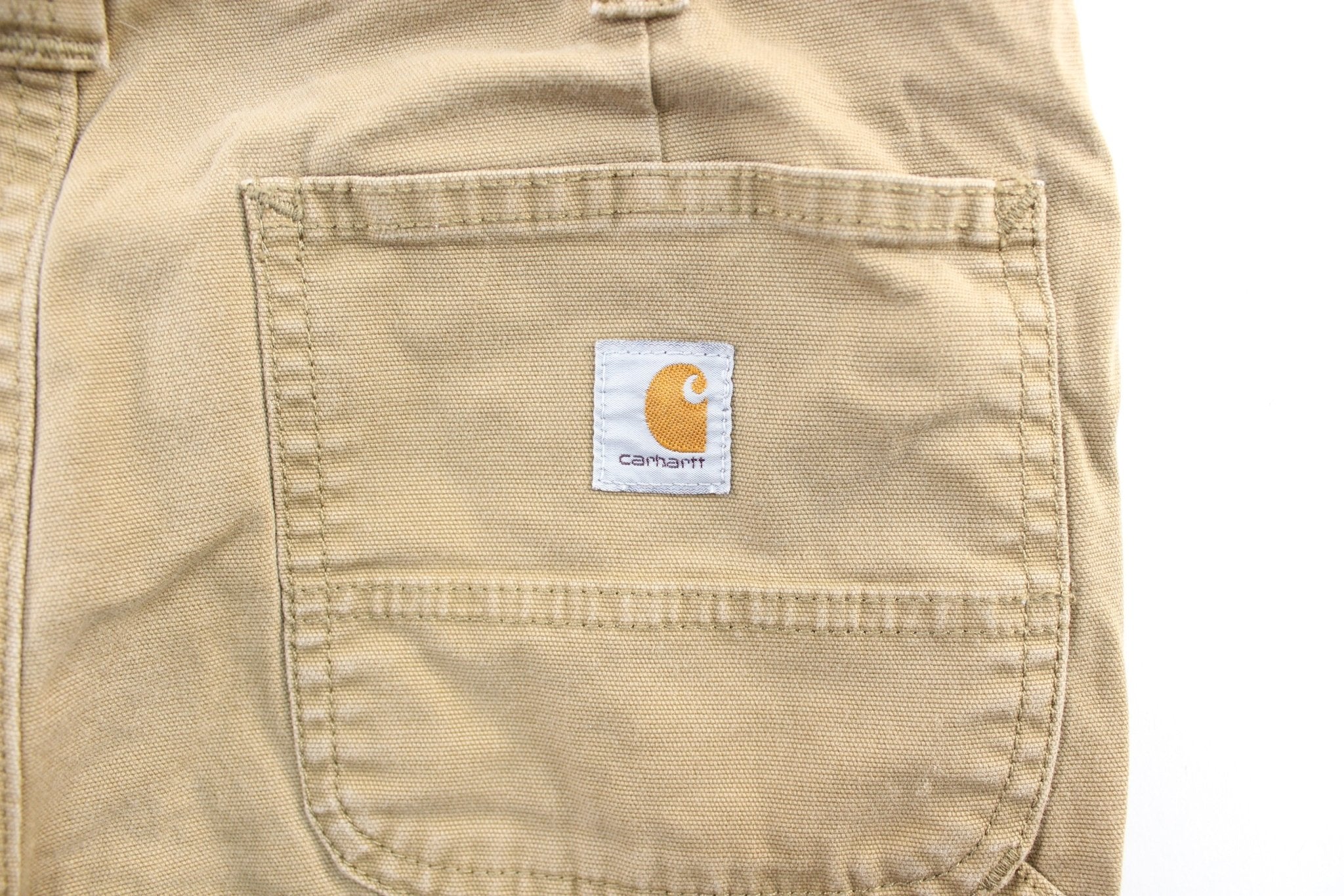 Women's Carhartt Logo Patch Tan Carpenter Shorts - ThriftedThreads.com