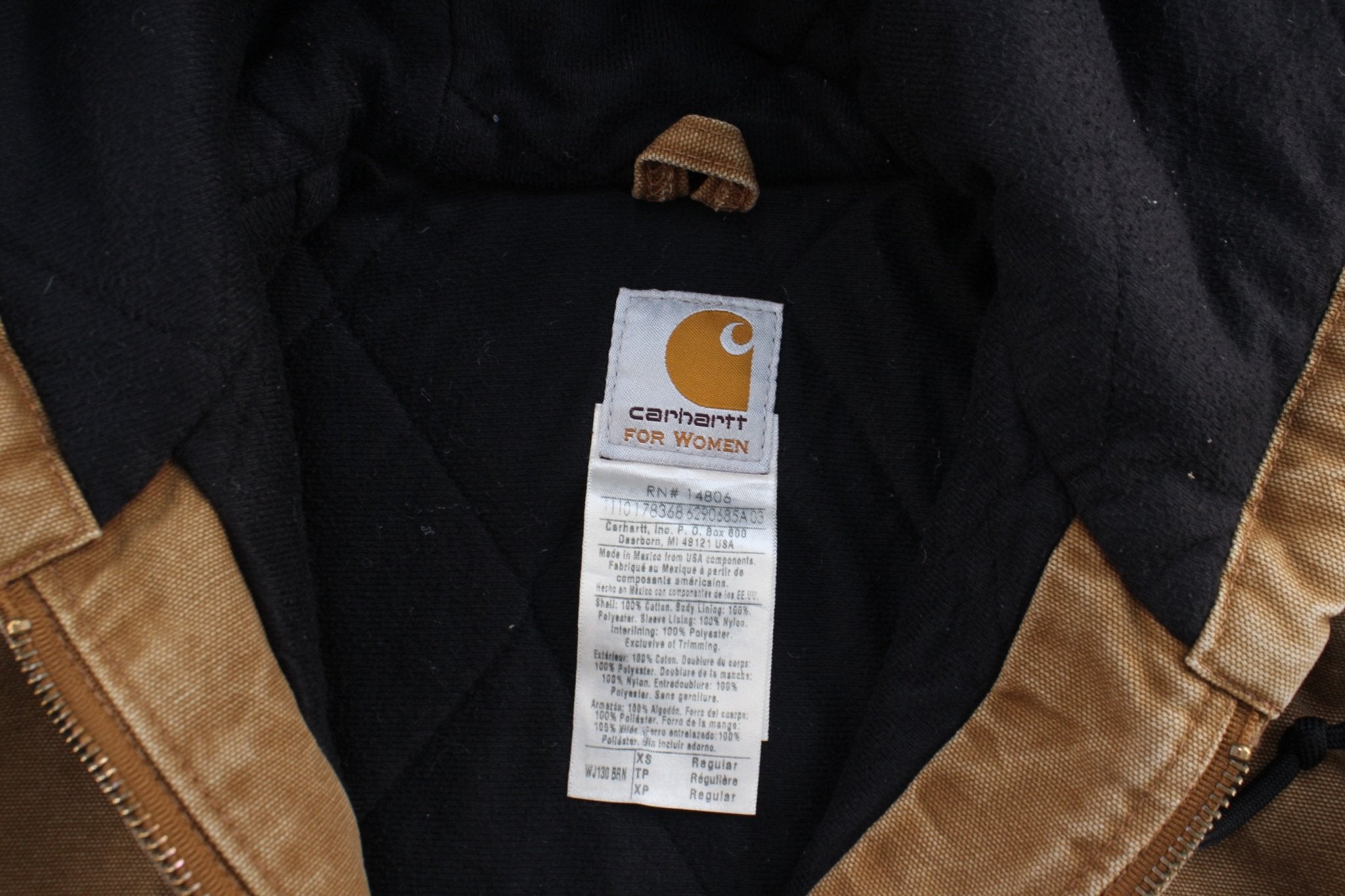Women's Carhartt Logo Patch Tan Hooded Zip Up Jacket - ThriftedThreads.com