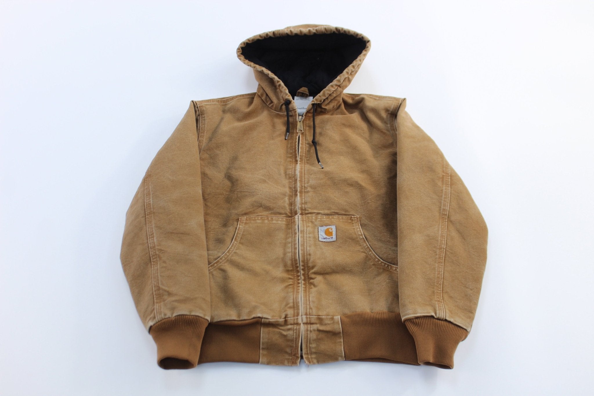 Women's Carhartt Logo Patch Tan Hooded Zip Up Jacket - ThriftedThreads.com