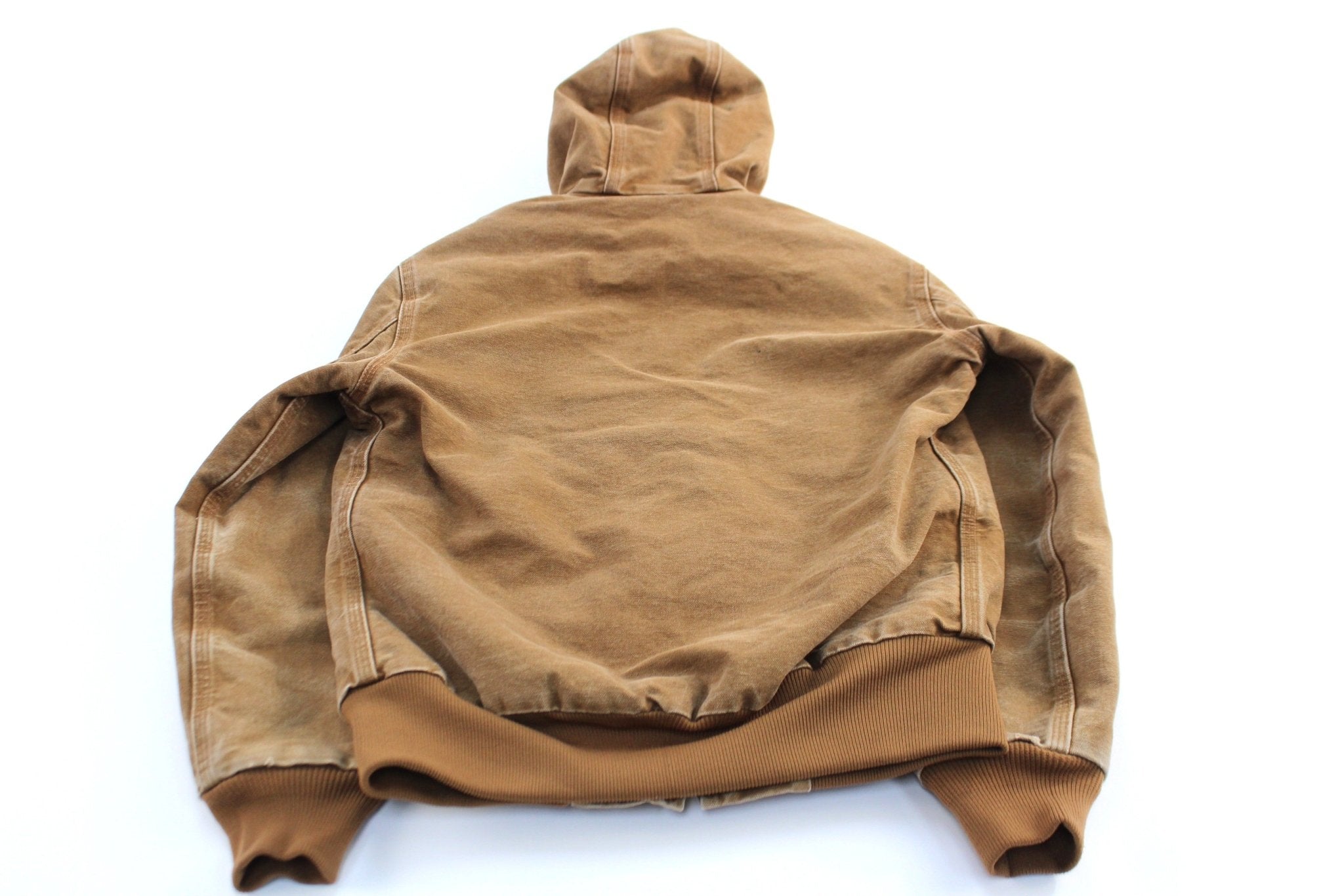 Women's Carhartt Logo Patch Tan Hooded Zip Up Jacket - ThriftedThreads.com