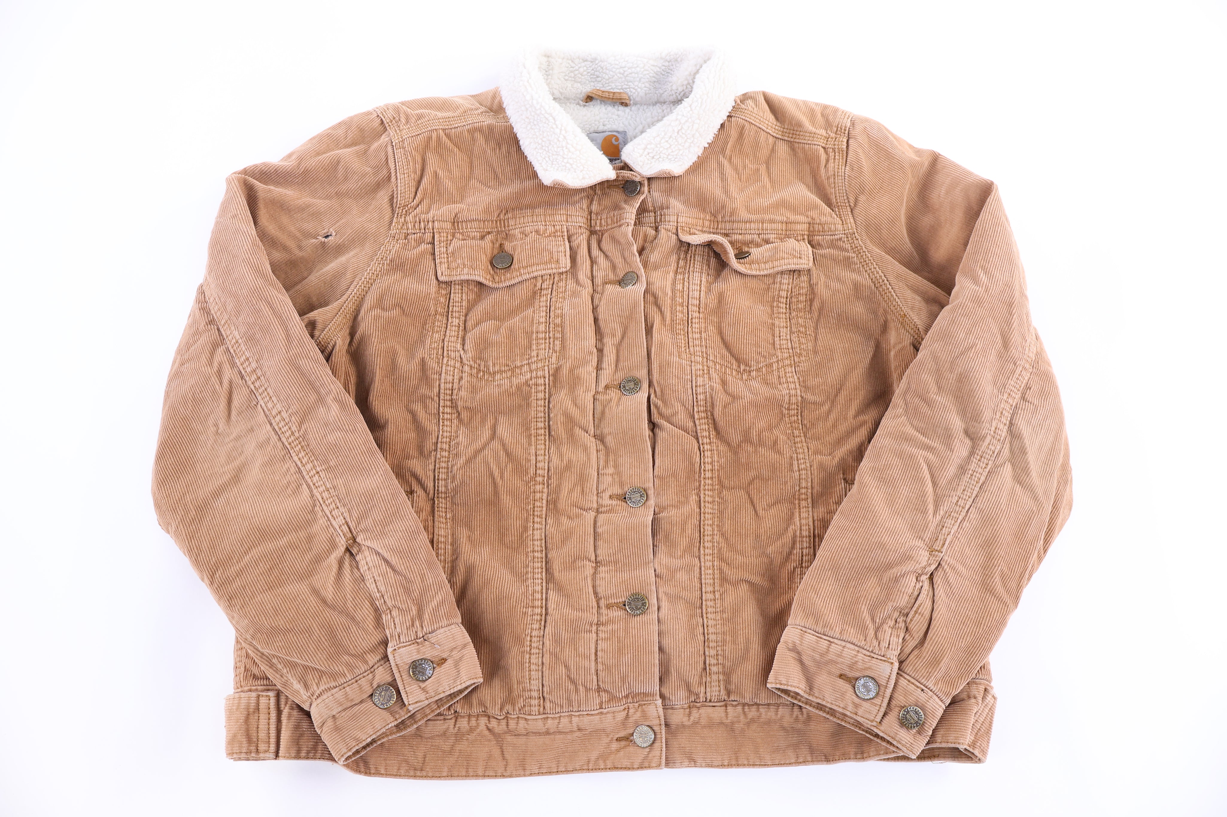 Women's Carhartt Logo Patch Tan Sherpa Lined Jacket - Jacket - Thrifted Threads