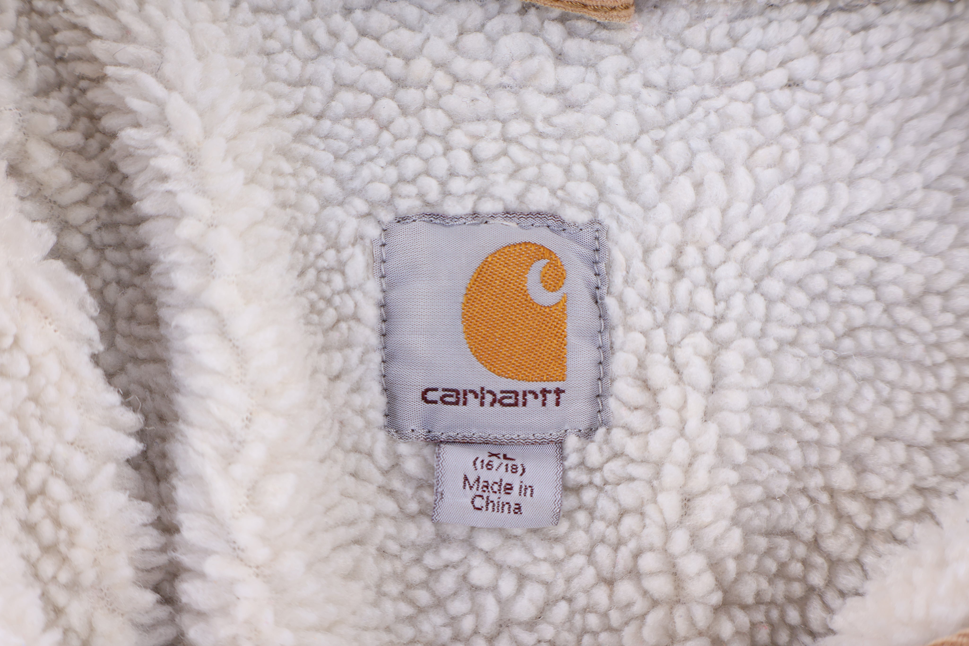 Women's Carhartt Logo Patch Tan Sherpa Lined Jacket - Jacket - Thrifted Threads