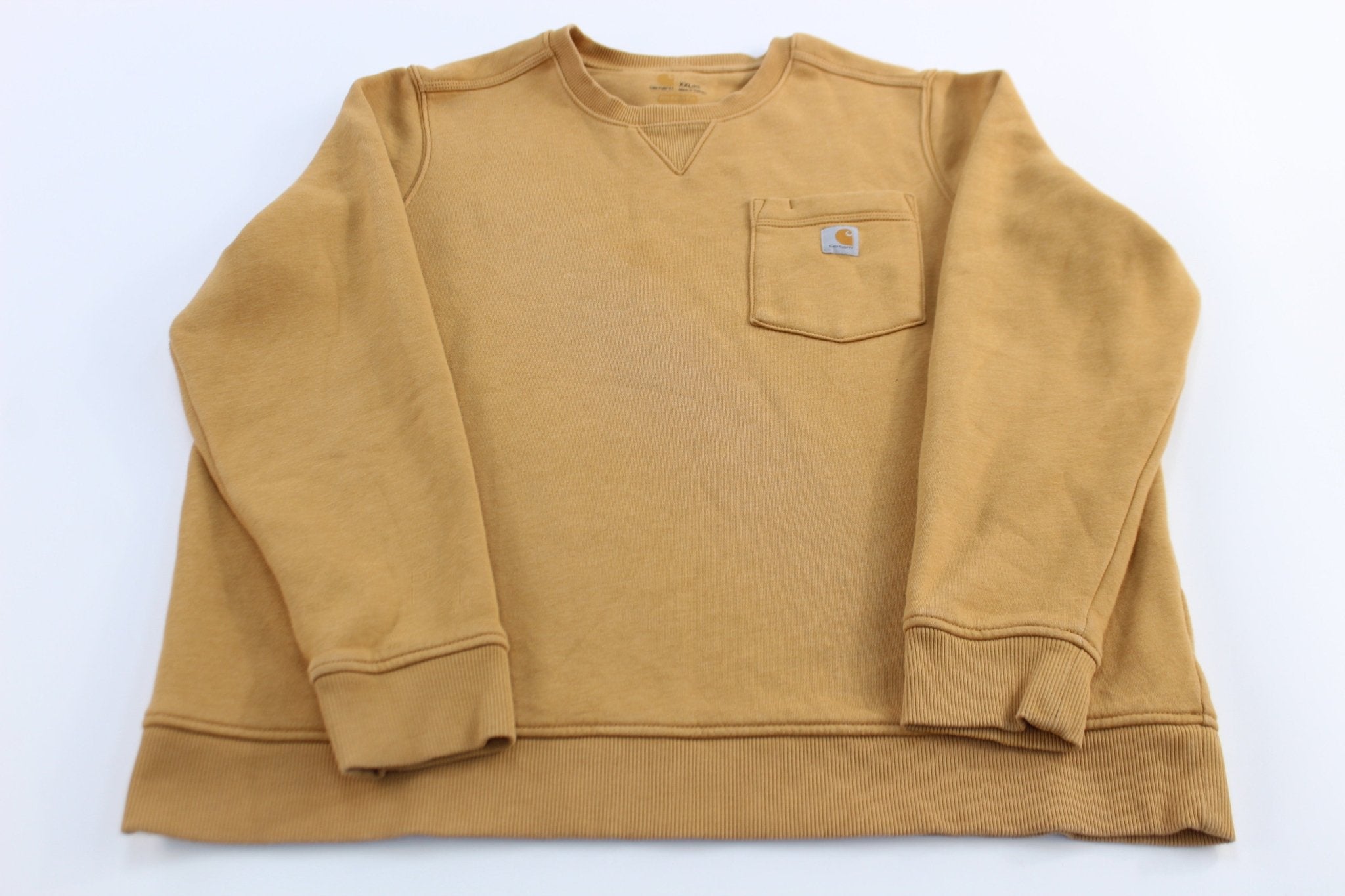 Women's Carhartt Logo Patch Yellow Relaxed Fit Sweatshirt - ThriftedThreads.com
