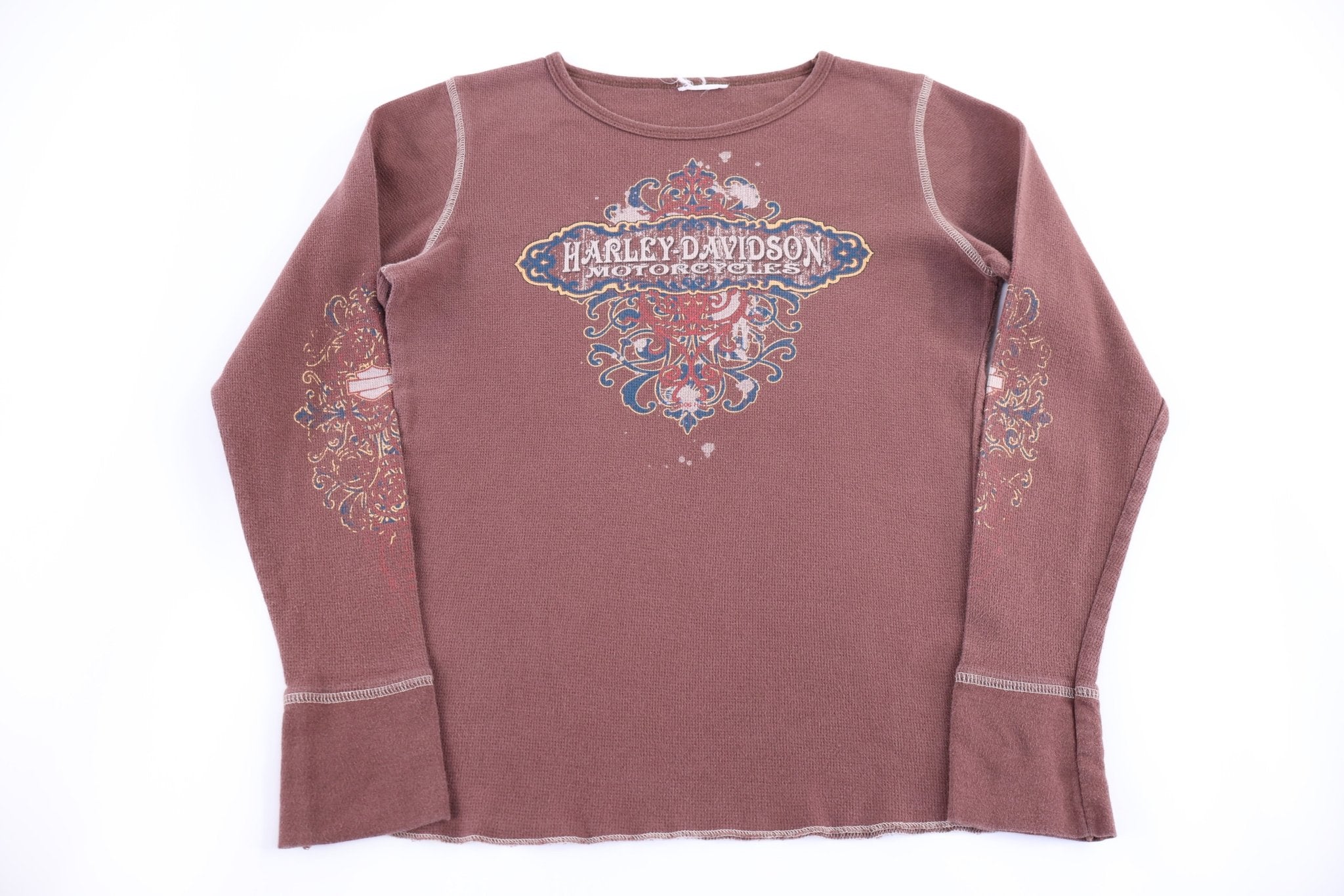 Women's Harley Davidson Motorcycles Brown Thermal LS T-shirt - Shirts & Tops - Thrifted Threads