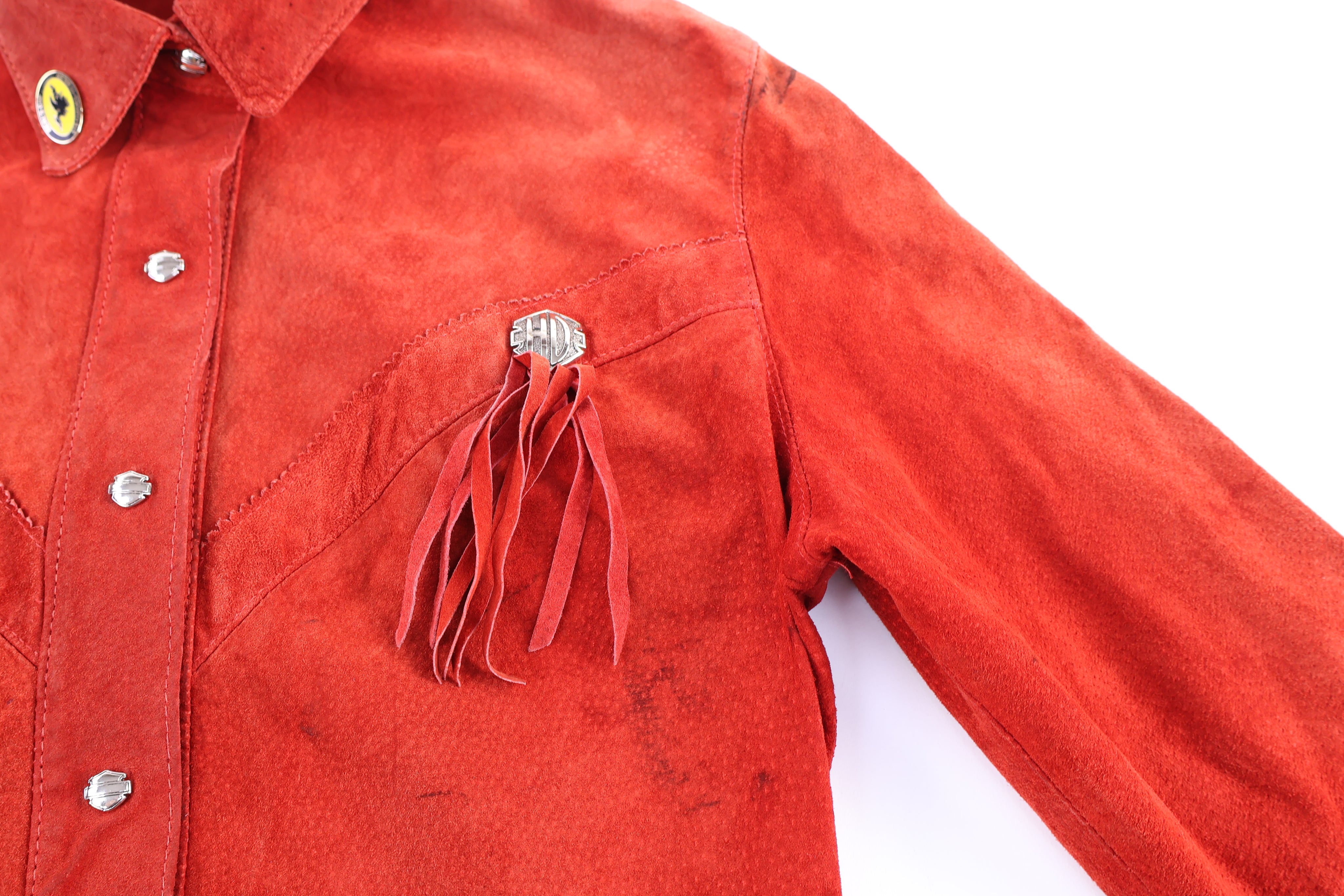 Women's Harley Davidson Motorcycles Red Suede Button Down - Button Ups/Downs - Thrifted Threads