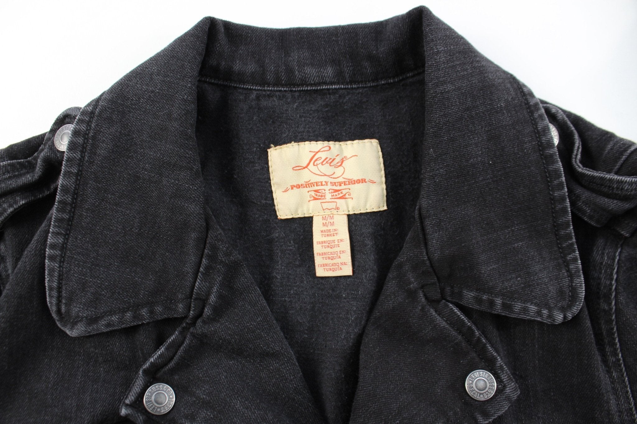 Women's Levi's Black Denim Biker Zip Up Jacket - ThriftedThreads.com