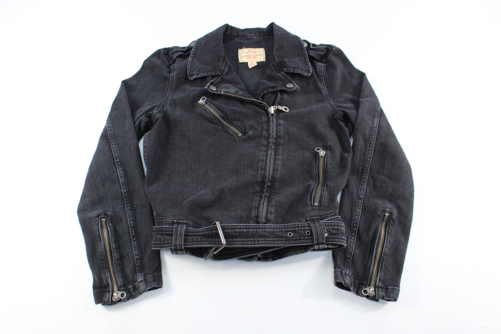 Women's Levi's Black Denim Biker Zip Up Jacket - ThriftedThreads.com