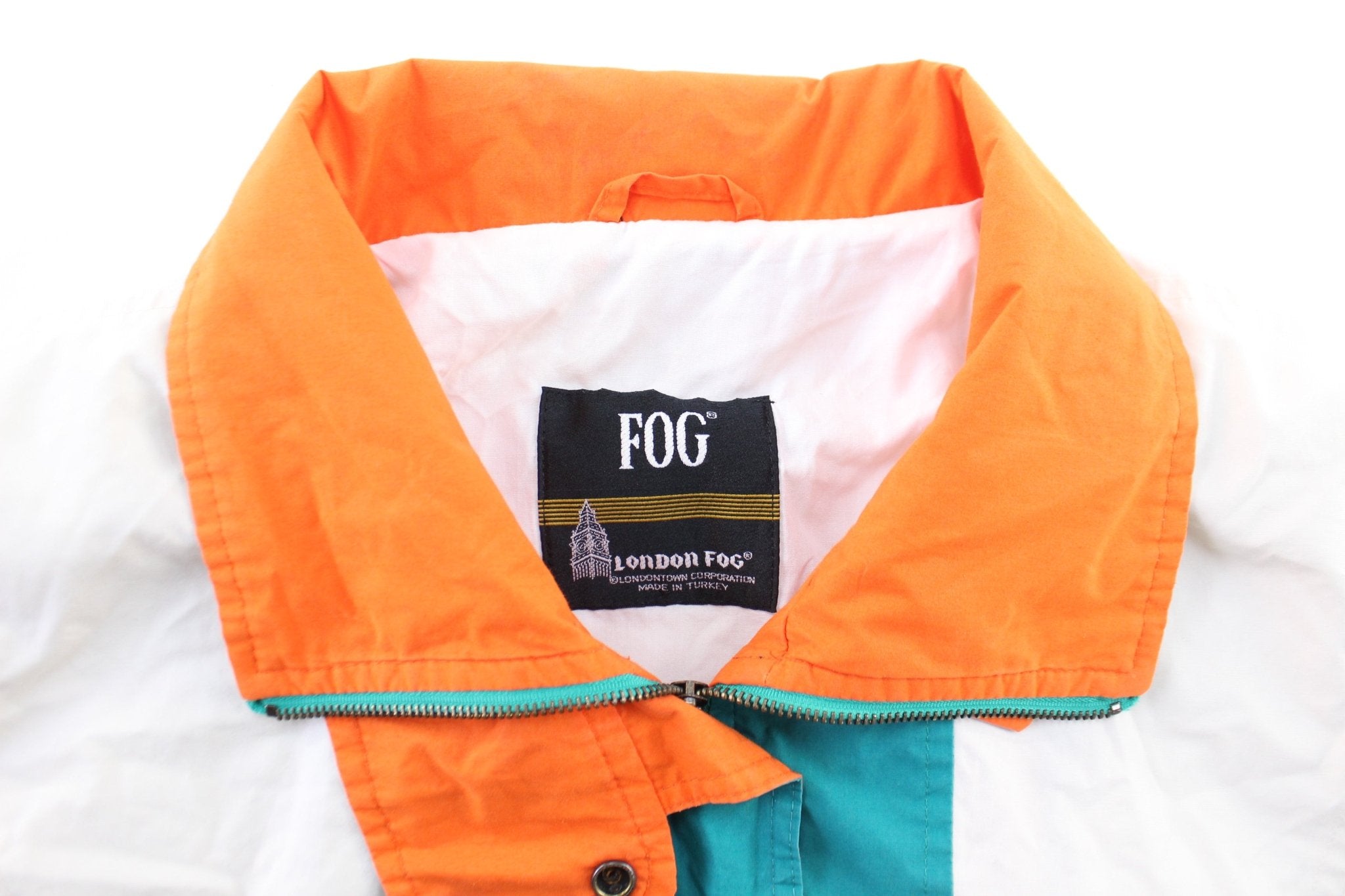 Women's London Fog White, Orange, & Turquoise Zip Up Jacket - ThriftedThreads.com