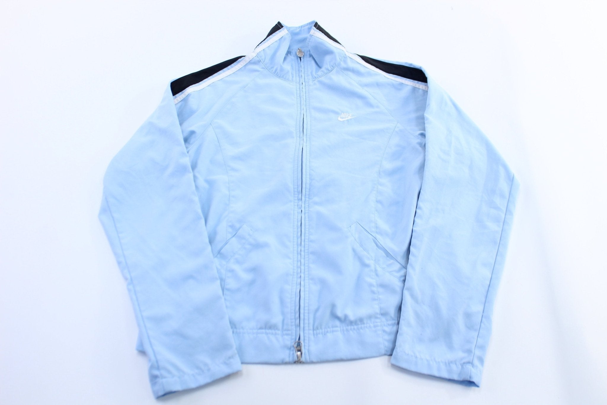 Women's Nike Embroidered Logo Light Blue Striped Zip Up Jacket - Jacket - Thrifted Threads
