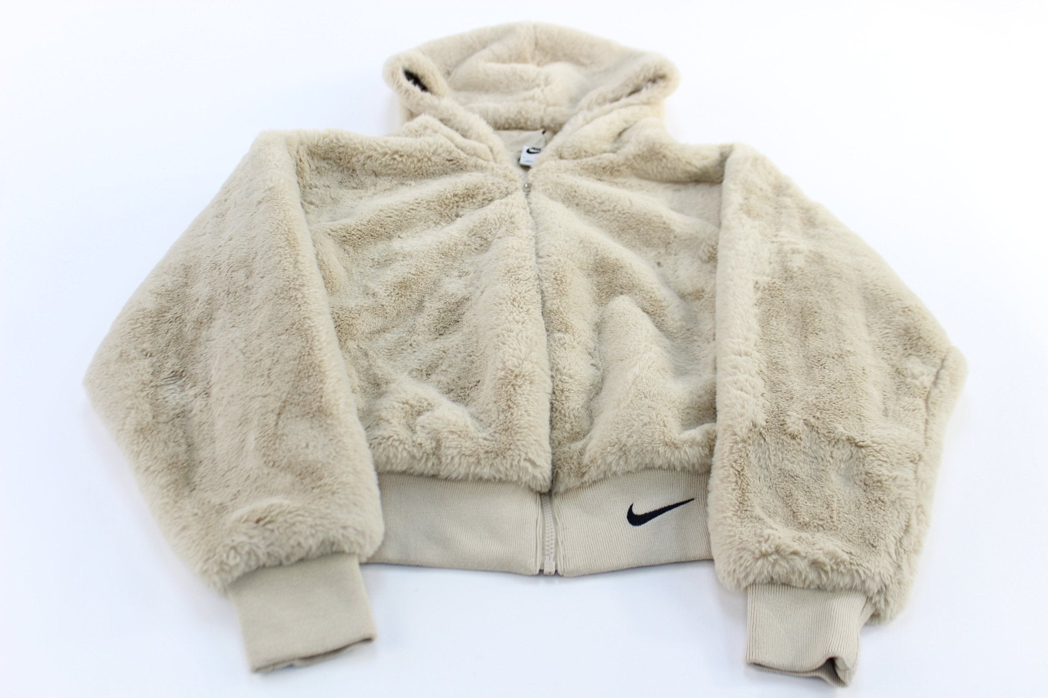 Women's Nike Embroidered Swoosh Logo Sherpa Hooded Jacket - ThriftedThreads.com