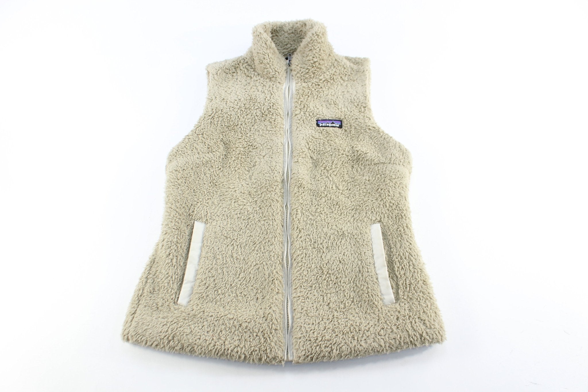 Women's Patagonia Logo Patch Beige Zip Up Vest - ThriftedThreads.com