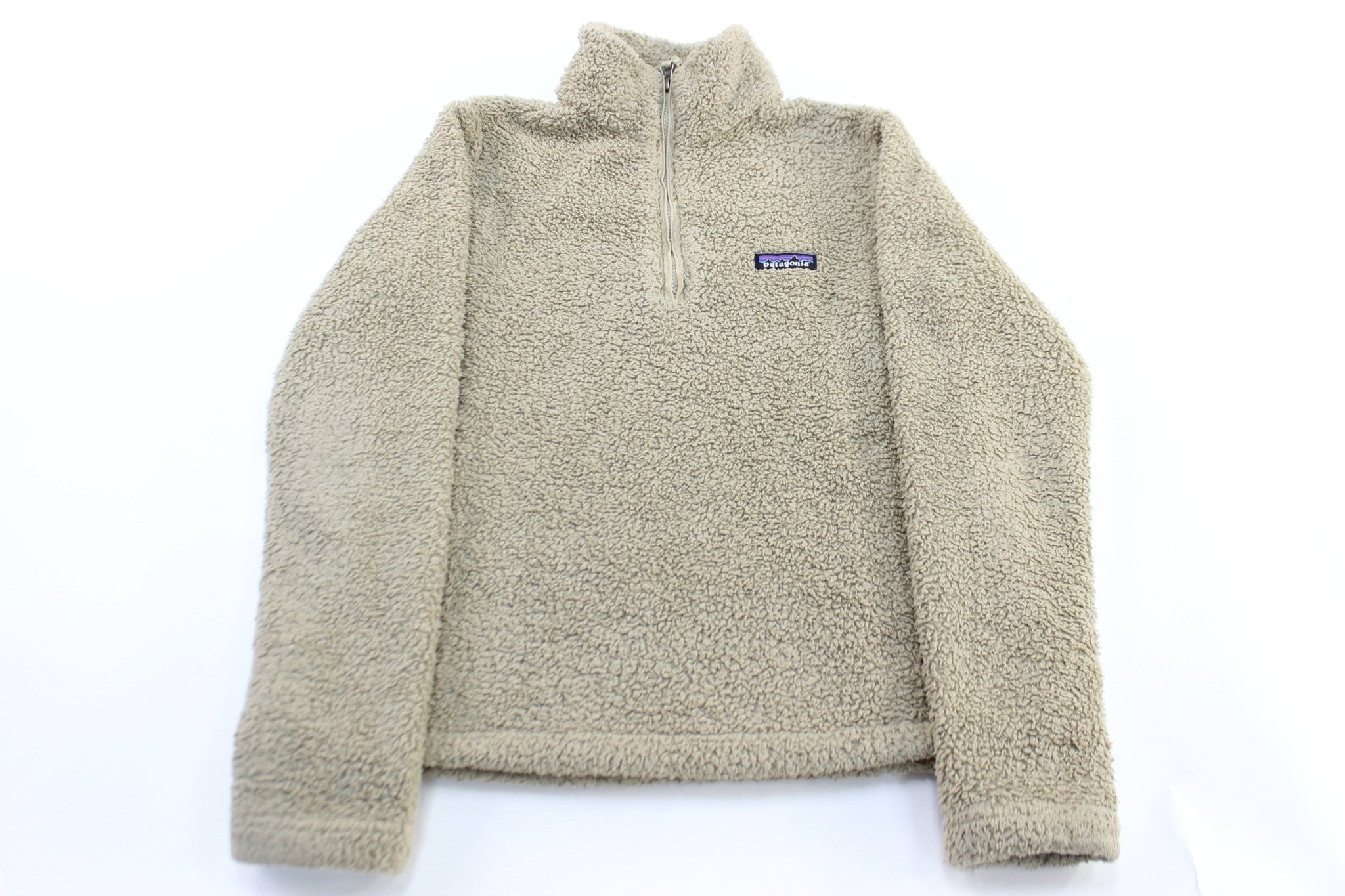 Women's Patagonia Logo Patch Cream Sherpa Pullover - ThriftedThreads.com