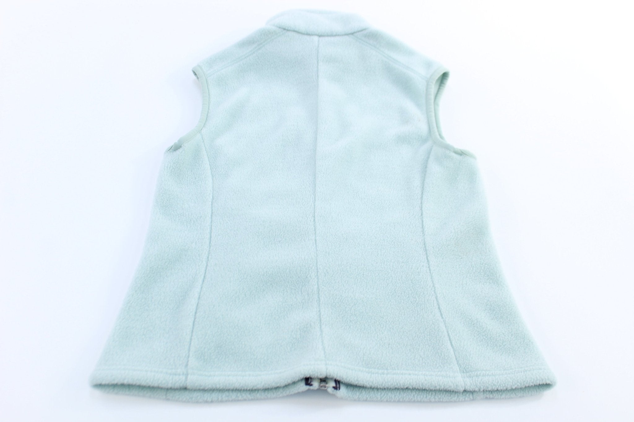 Women's Patagonia Logo Patch Light Blue Fleece Zip Up Vest - ThriftedThreads.com