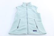 Women's Patagonia Logo Patch Light Blue Fleece Zip Up Vest - ThriftedThreads.com