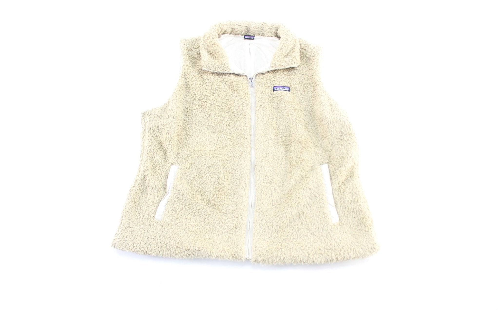 Women's Patagonia Logo Patch Los Gatos Beige Zip Up Vest - ThriftedThreads.com