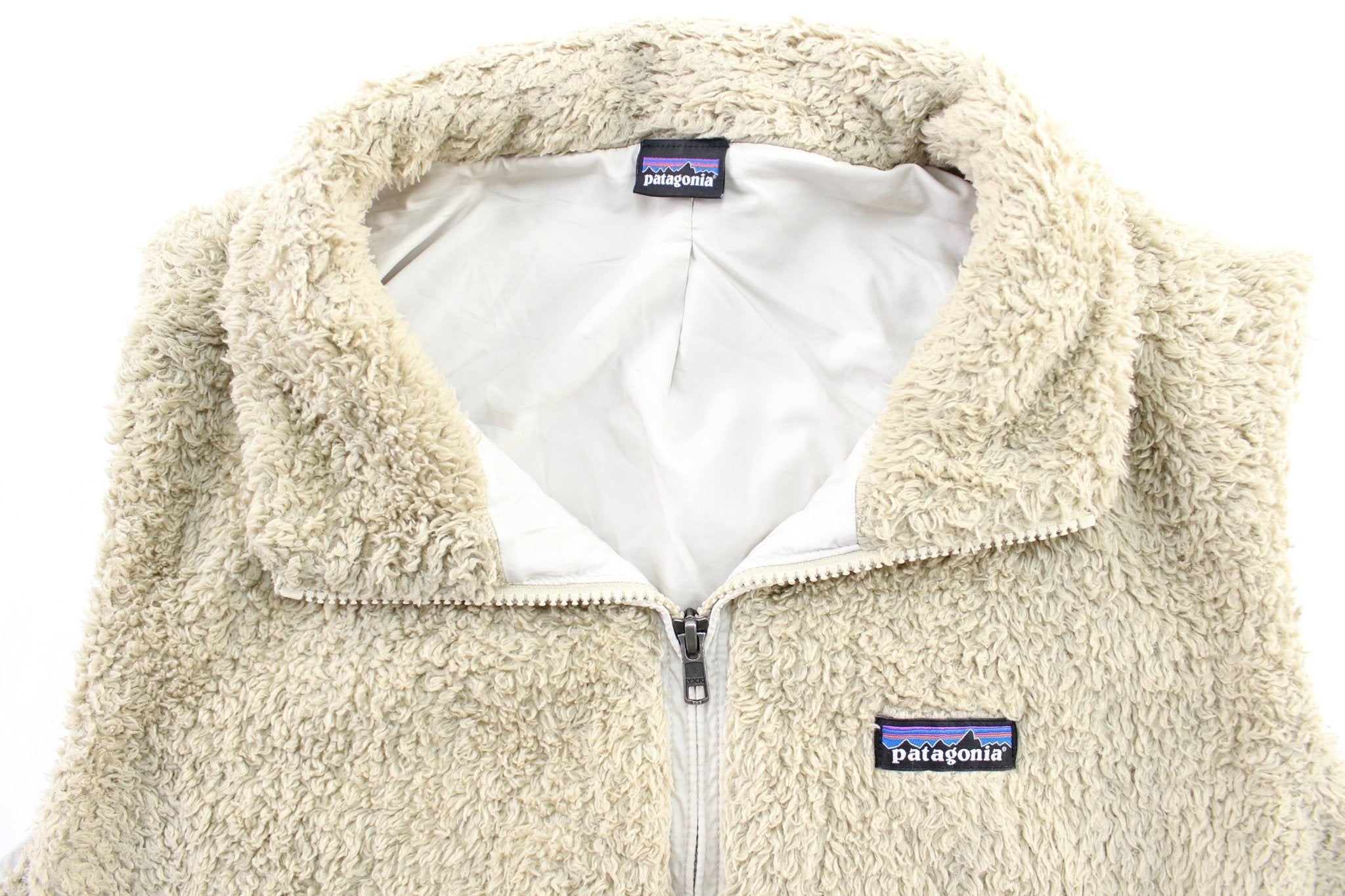 Women's Patagonia Logo Patch Los Gatos Beige Zip Up Vest - ThriftedThreads.com