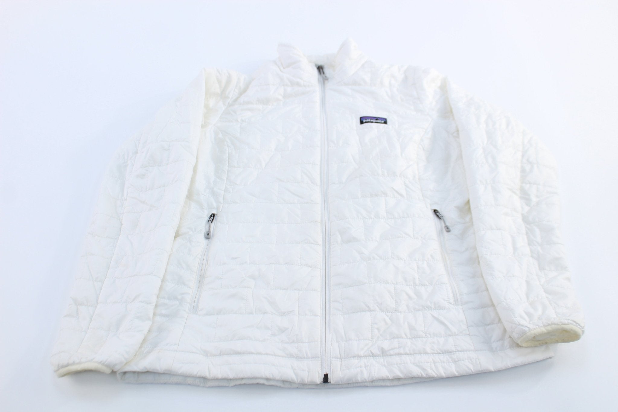 Women's Patagonia Logo Patch White Puffer Jacket - ThriftedThreads.com