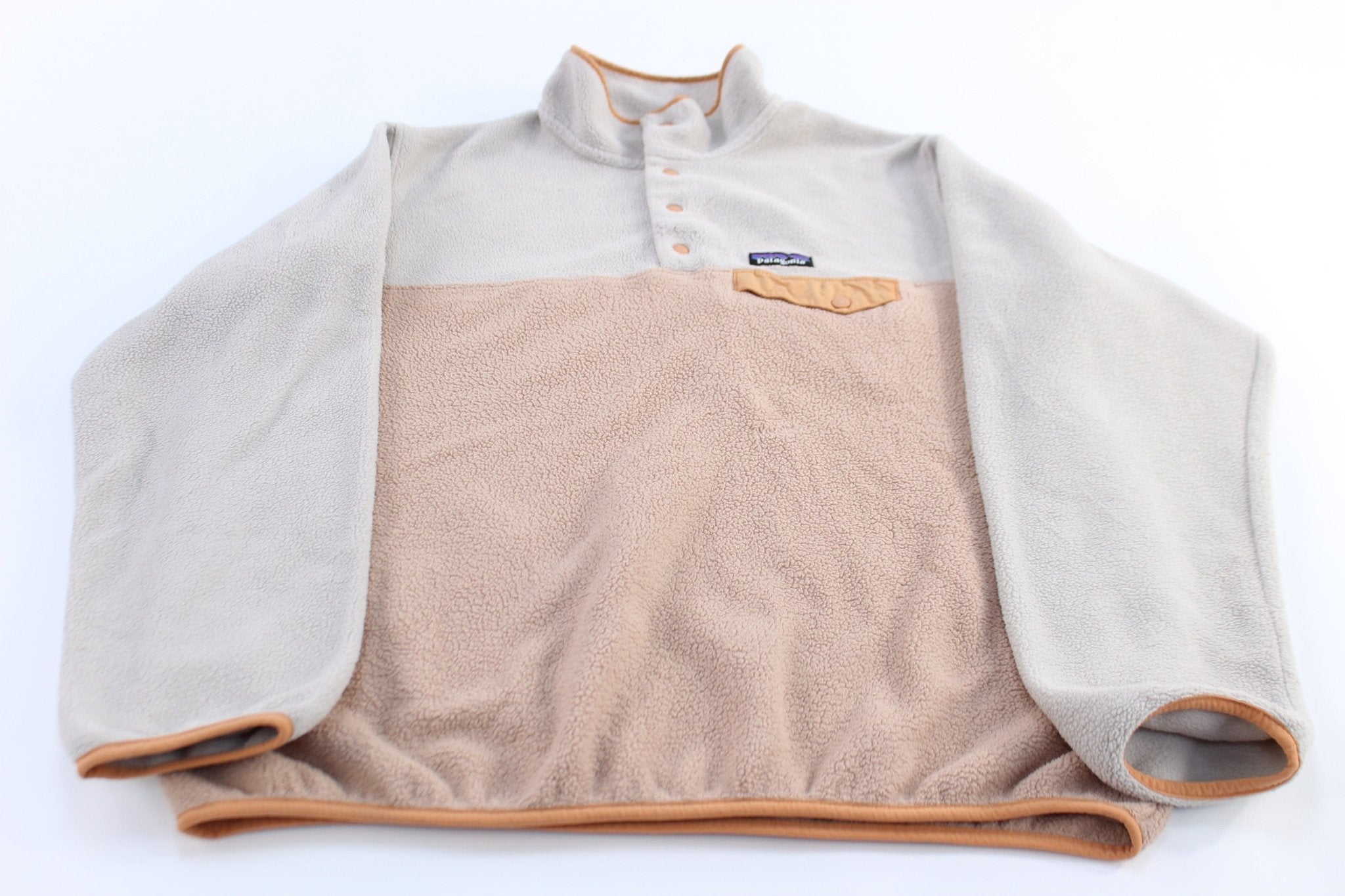 Women's Patagonia Synchilla Logo Patch Pink & Cream Snap - T Fleece Pullover - ThriftedThreads.com