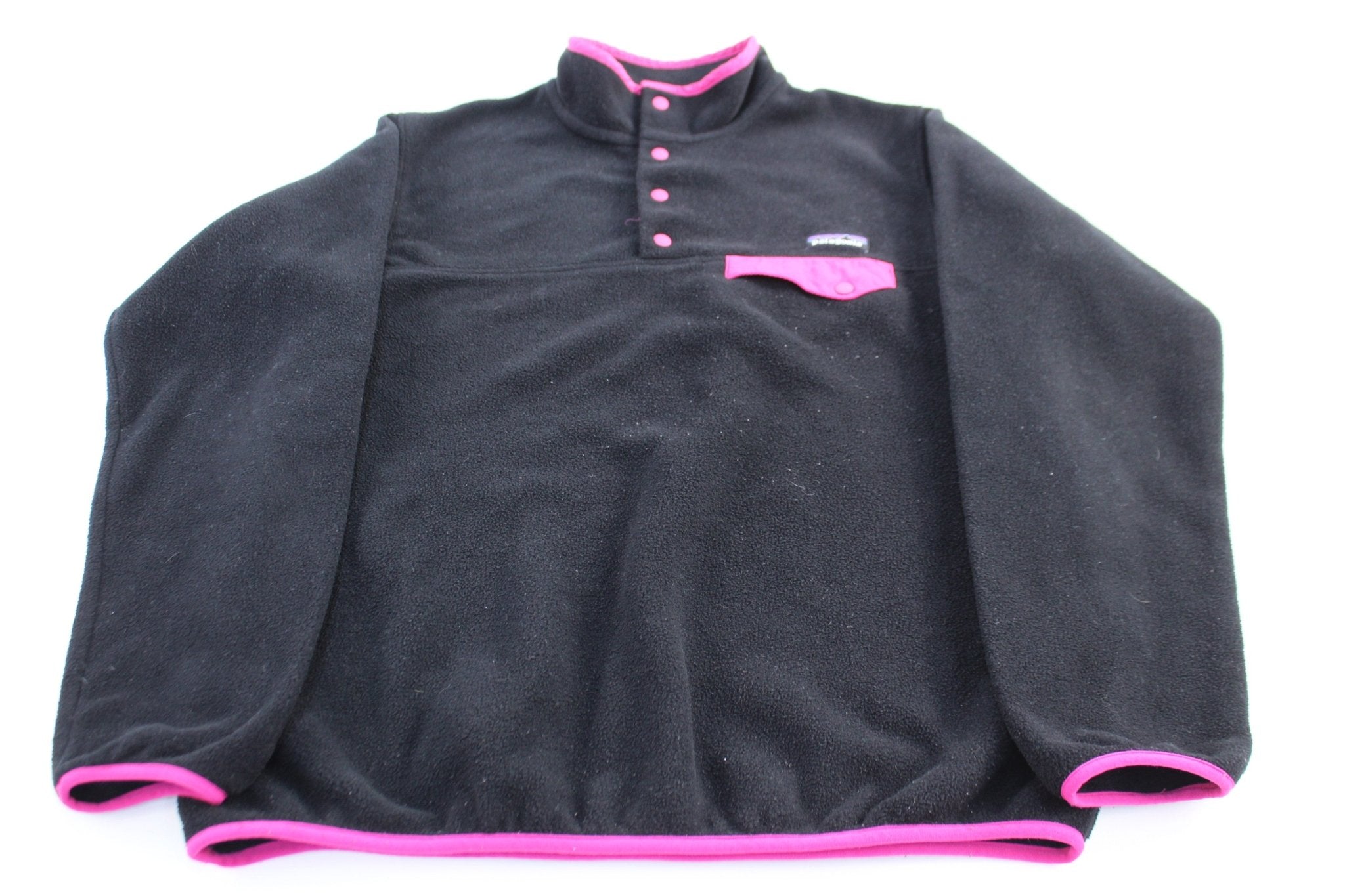 Women's Patagonia Synchilla Pink & Black Snap - T Fleece Pullover - ThriftedThreads.com