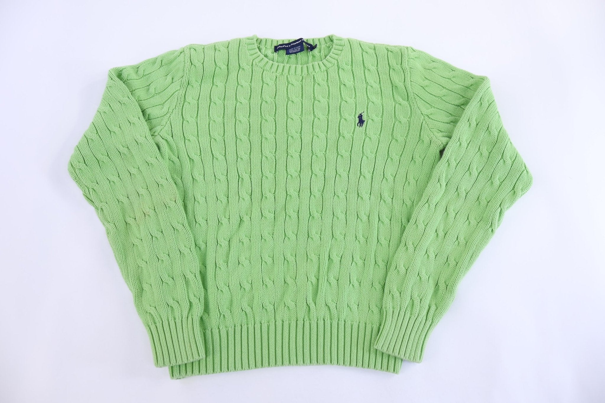 Women's Ralph Lauren Sport Embroidered Logo Green Cable Knit Sweater - Sweater - Thrifted Threads