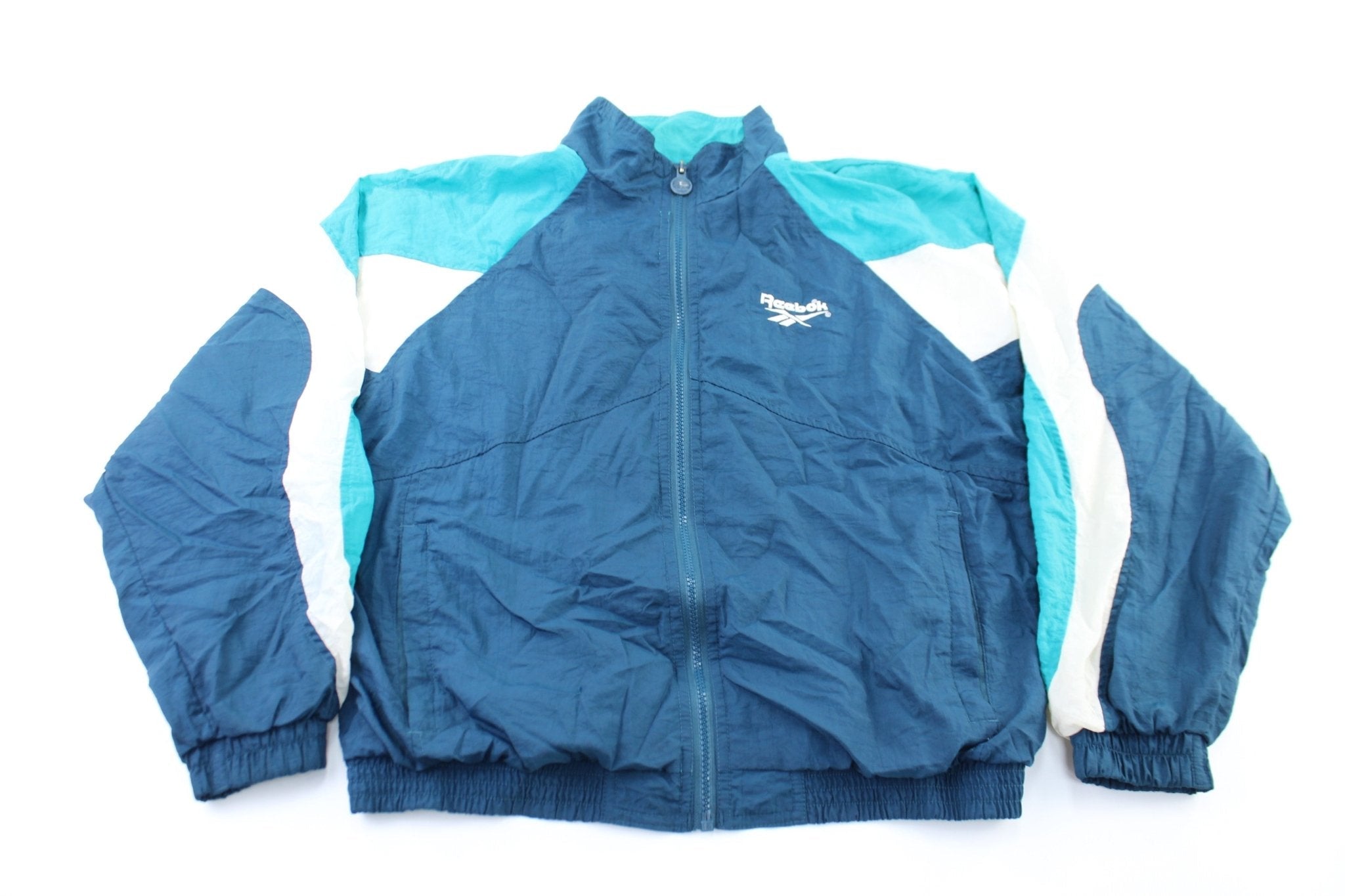 Women's Reebok Embroidered Logo White, Blue, & Aqua Zip Up Jacket - Jackets - Thrifted Threads