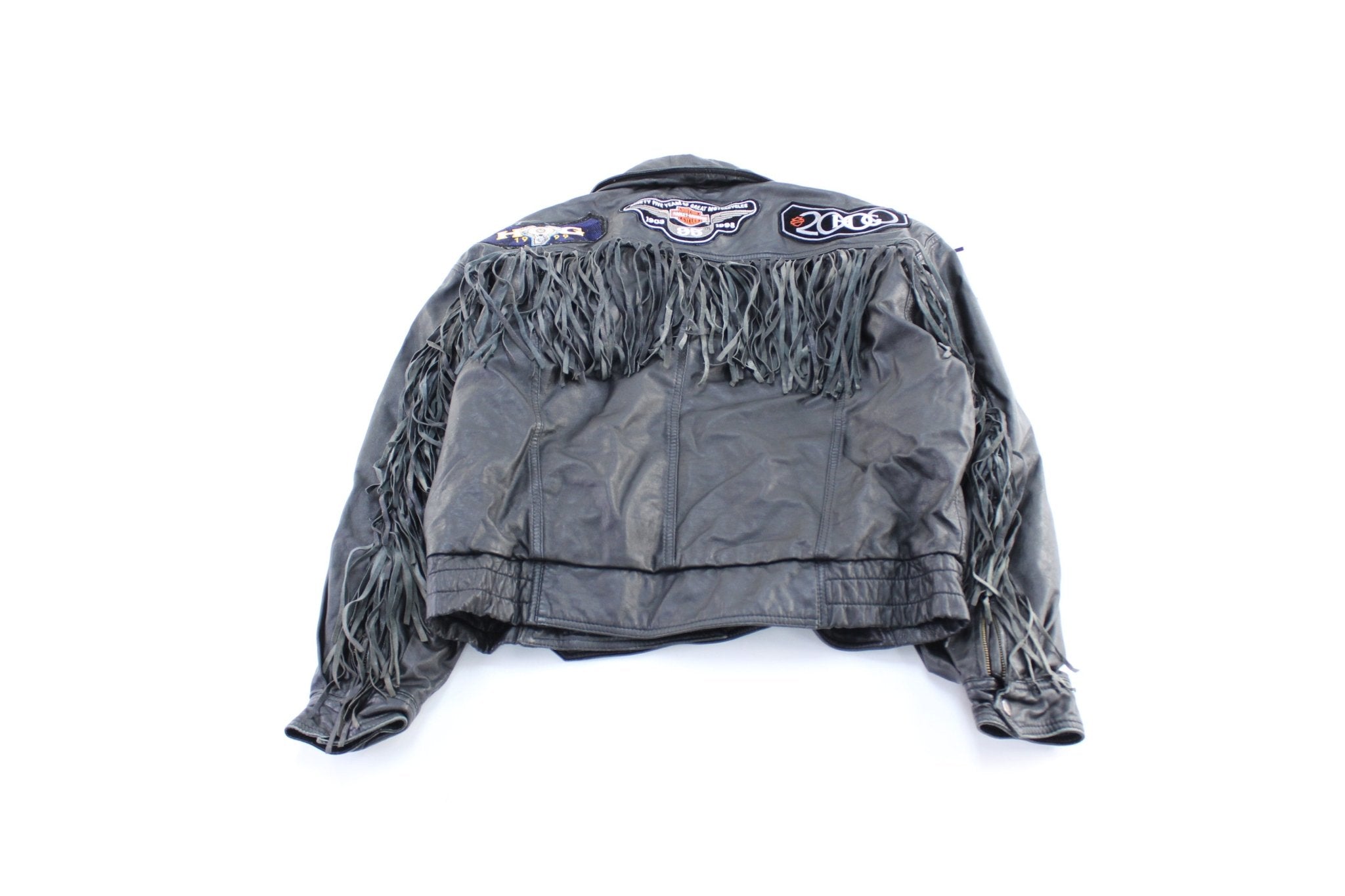 Women's Steer Brand Black Fringed Leather Zip Up Jacket - ThriftedThreads.com