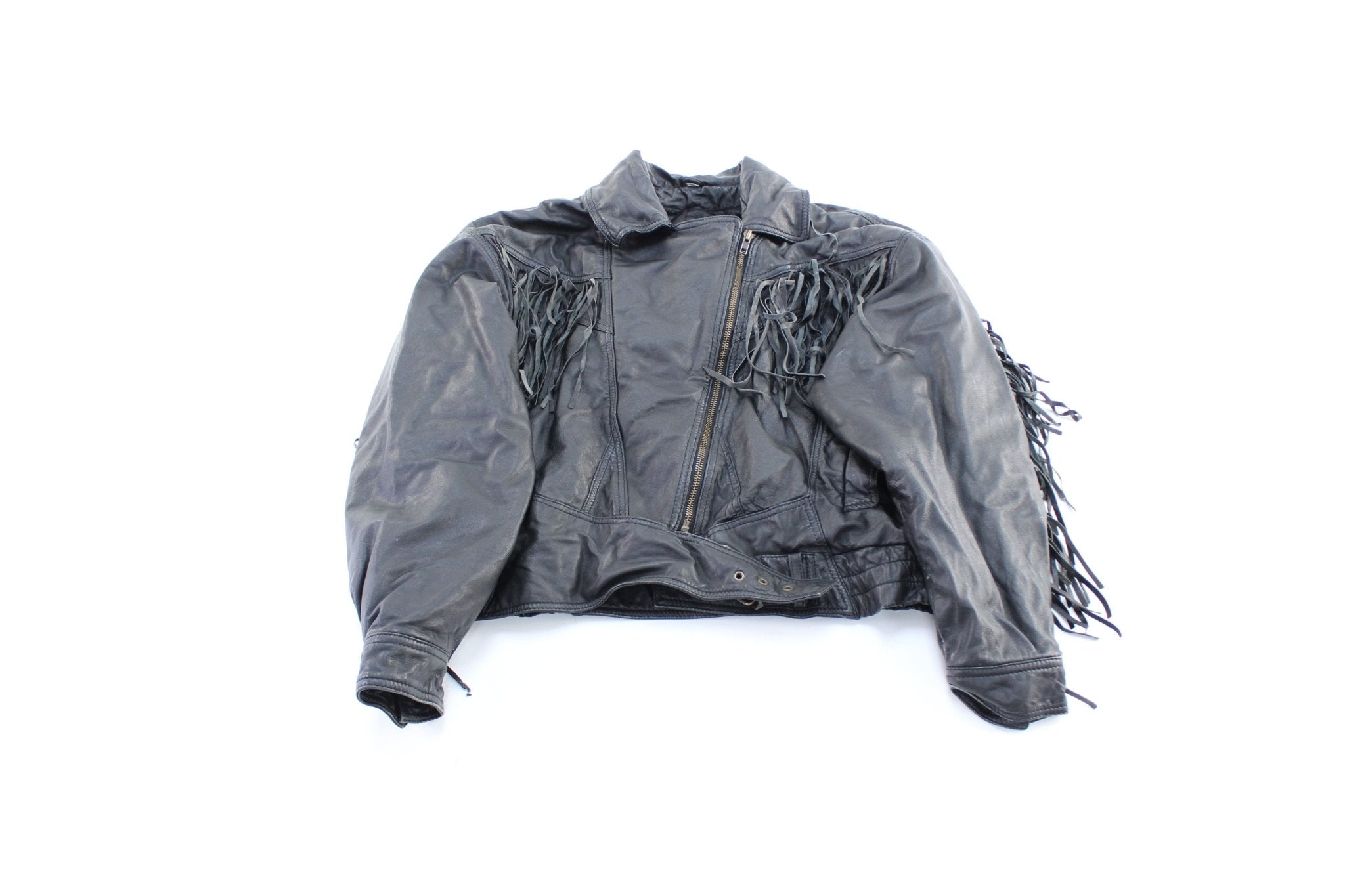 Women's Steer Brand Black Fringed Leather Zip Up Jacket - ThriftedThreads.com