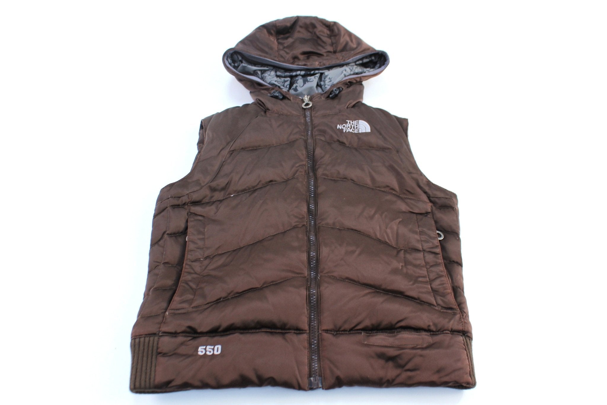Women's The North Face 550 Embroidered Brown Puffer Vest - ThriftedThreads.com