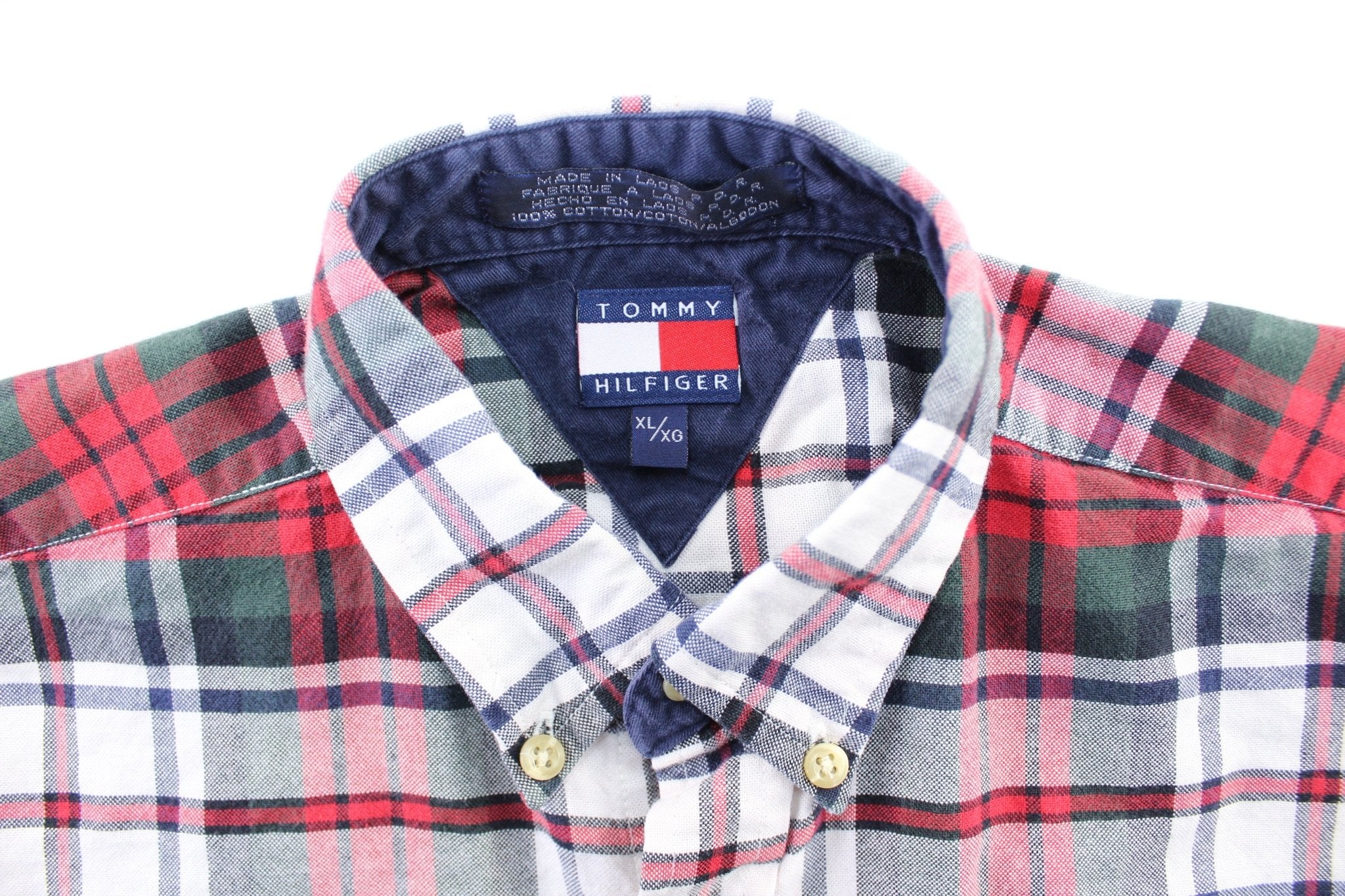 Women's Tommy Hilfiger Red, Green, & White Plaid LS Button Down - ThriftedThreads.com
