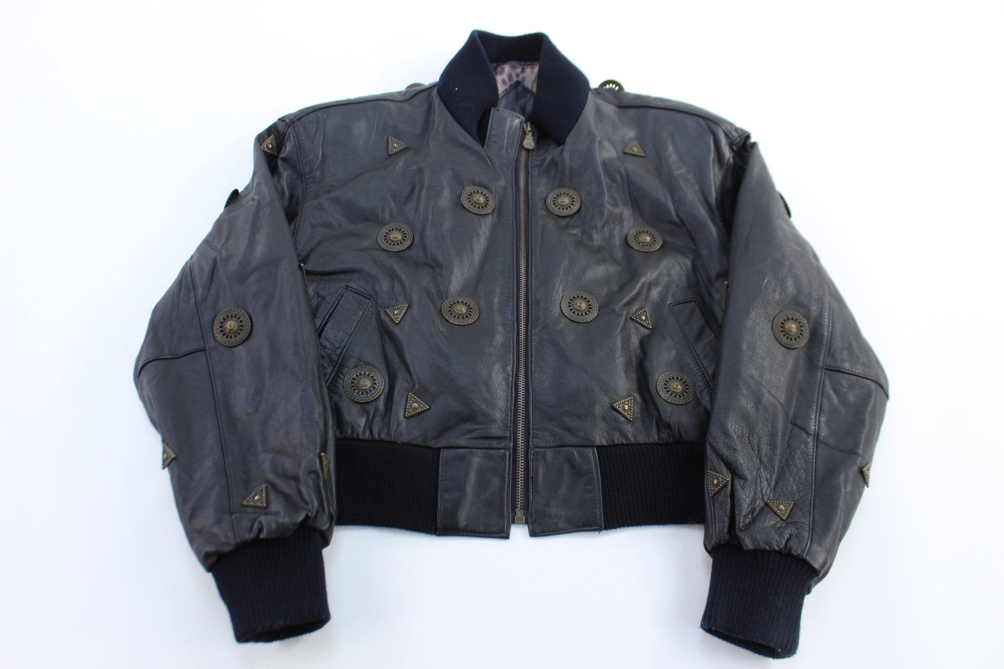 Women's Vintage Copper Key Leather Bomber Jacket - ThriftedThreads.com