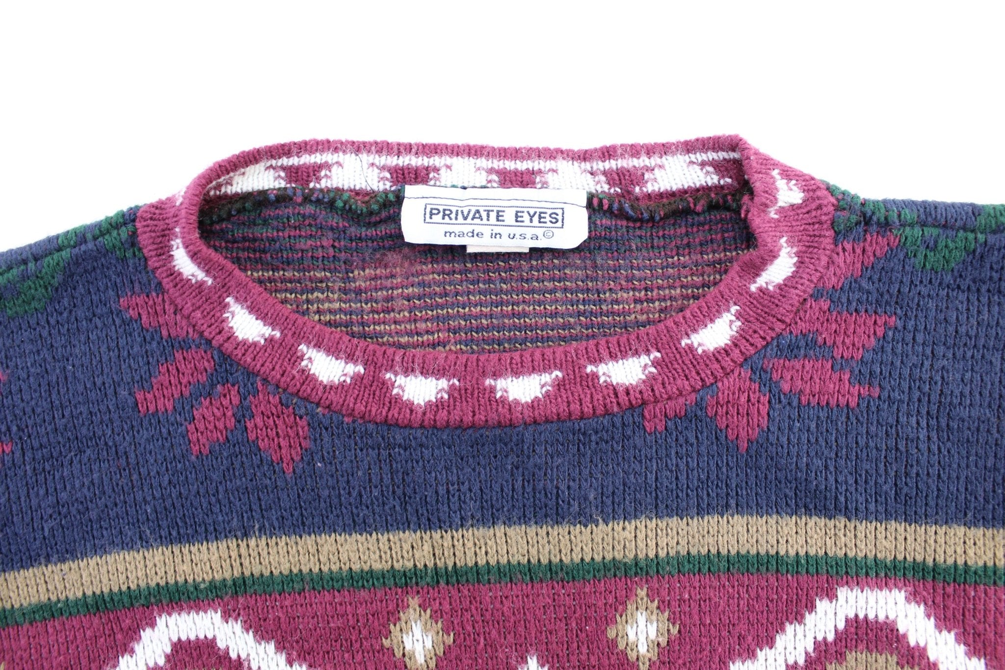 Vintage 1990s Private Eyes Made In USA Knitted Mock Neck Sweater / Vintage 90s Crewneck / Christmas / Hand Knit 2024 / Pullover Sweatshirt