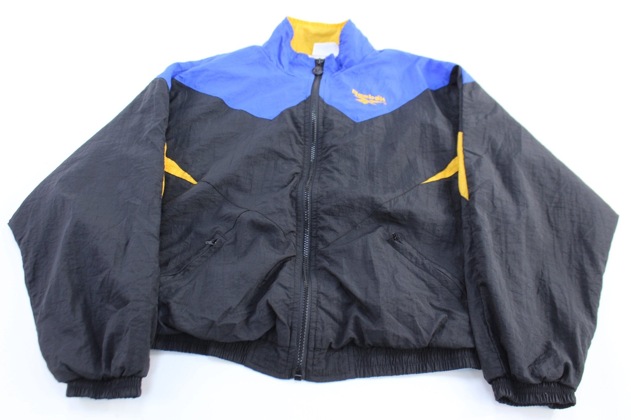 Women's Vintage Reebok Embroidered Logo Blue, Black, & Yellow Zip Up Jacket - ThriftedThreads.com