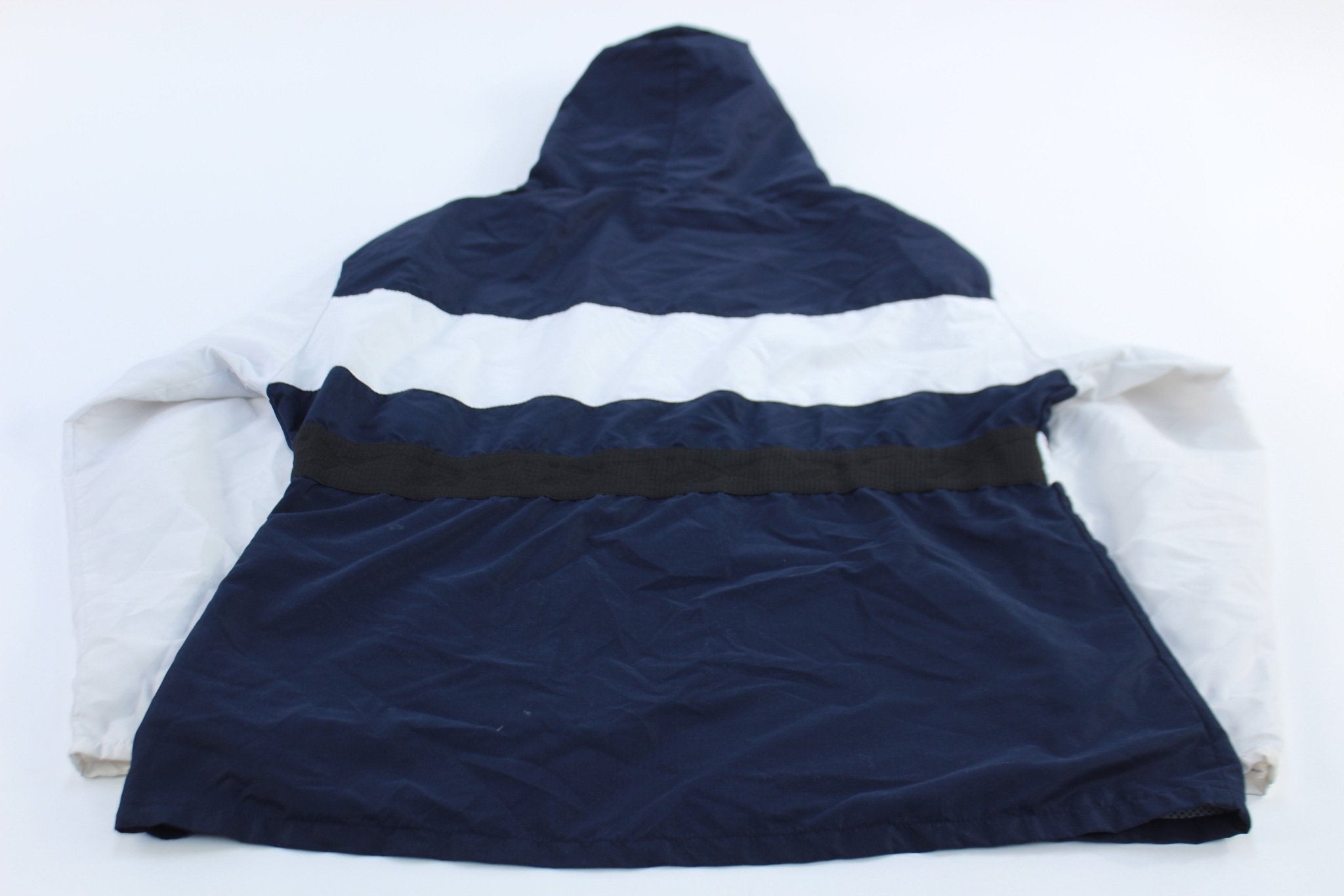 Women's Vintage Reebok Embroidered Logo Blue & White Striped Zip Up Jacket - ThriftedThreads.com