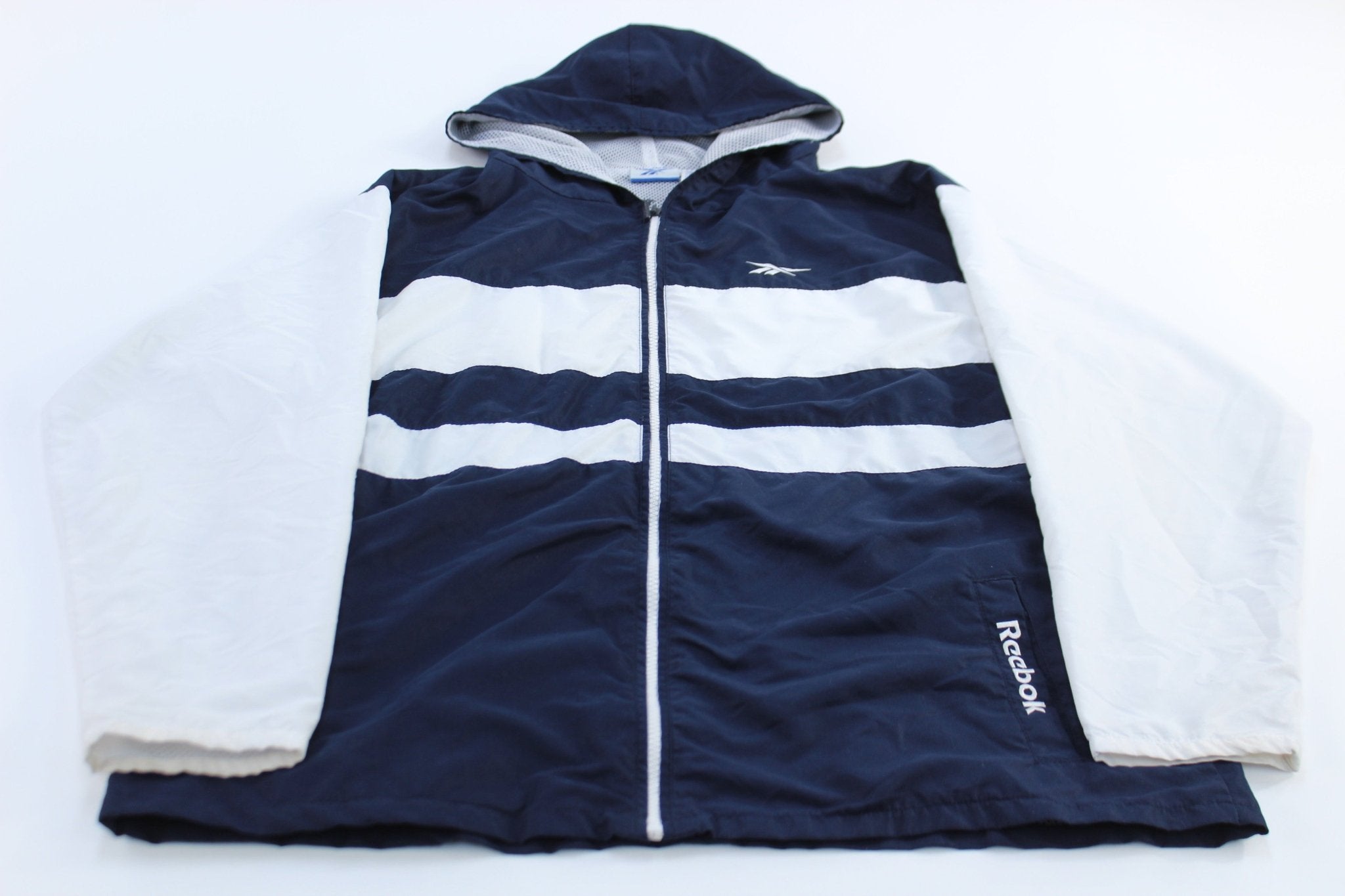 Women's Vintage Reebok Embroidered Logo Blue & White Striped Zip Up Jacket - ThriftedThreads.com
