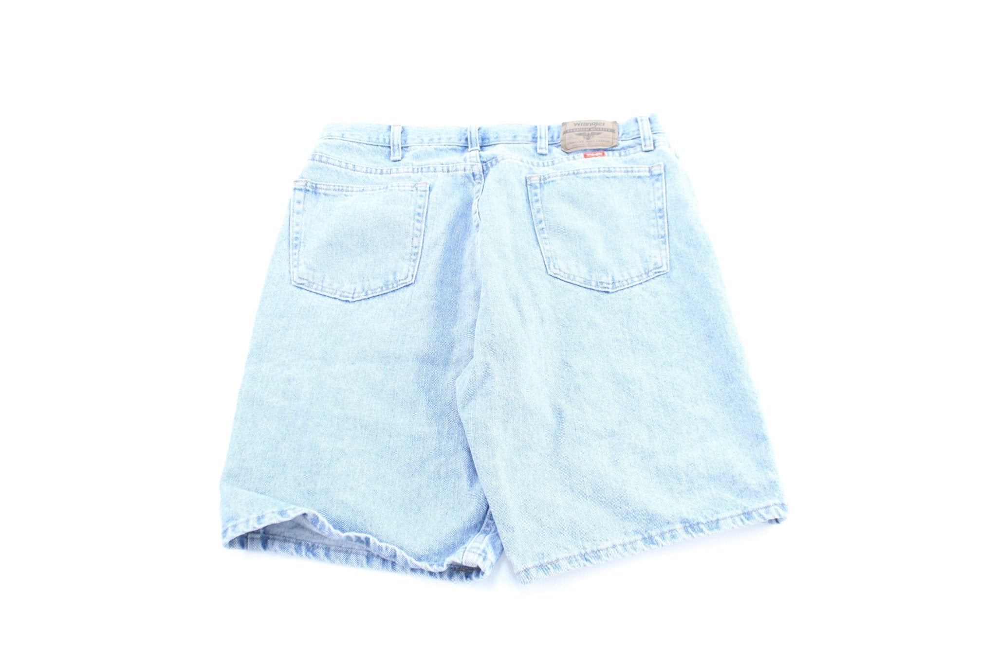 Wrangler Logo Patch Light Wash Denim Shorts - ThriftedThreads.com