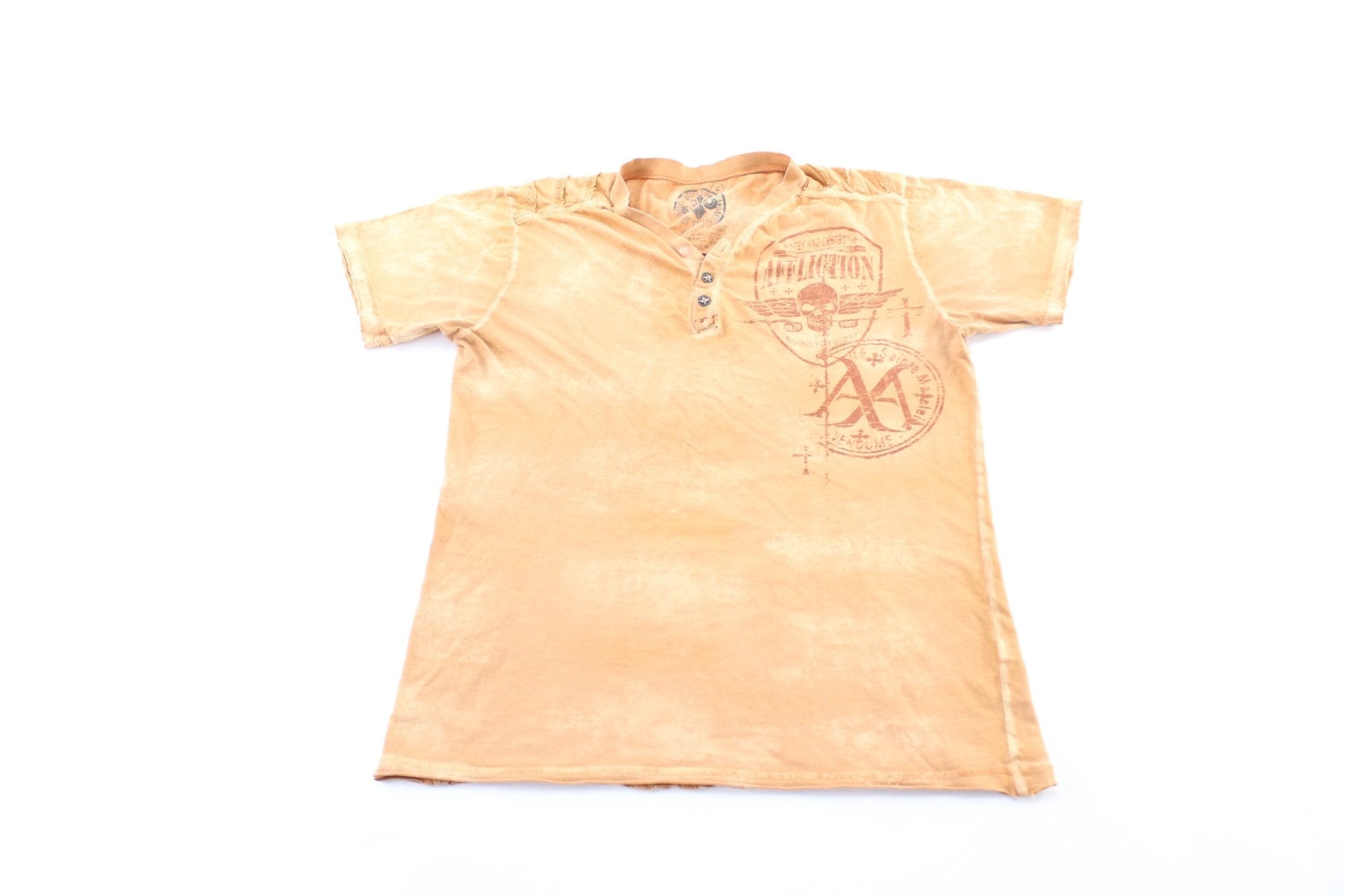 Y2K Affliction Seek & Destroy Orange T-Shirt - ThriftedThreads.com