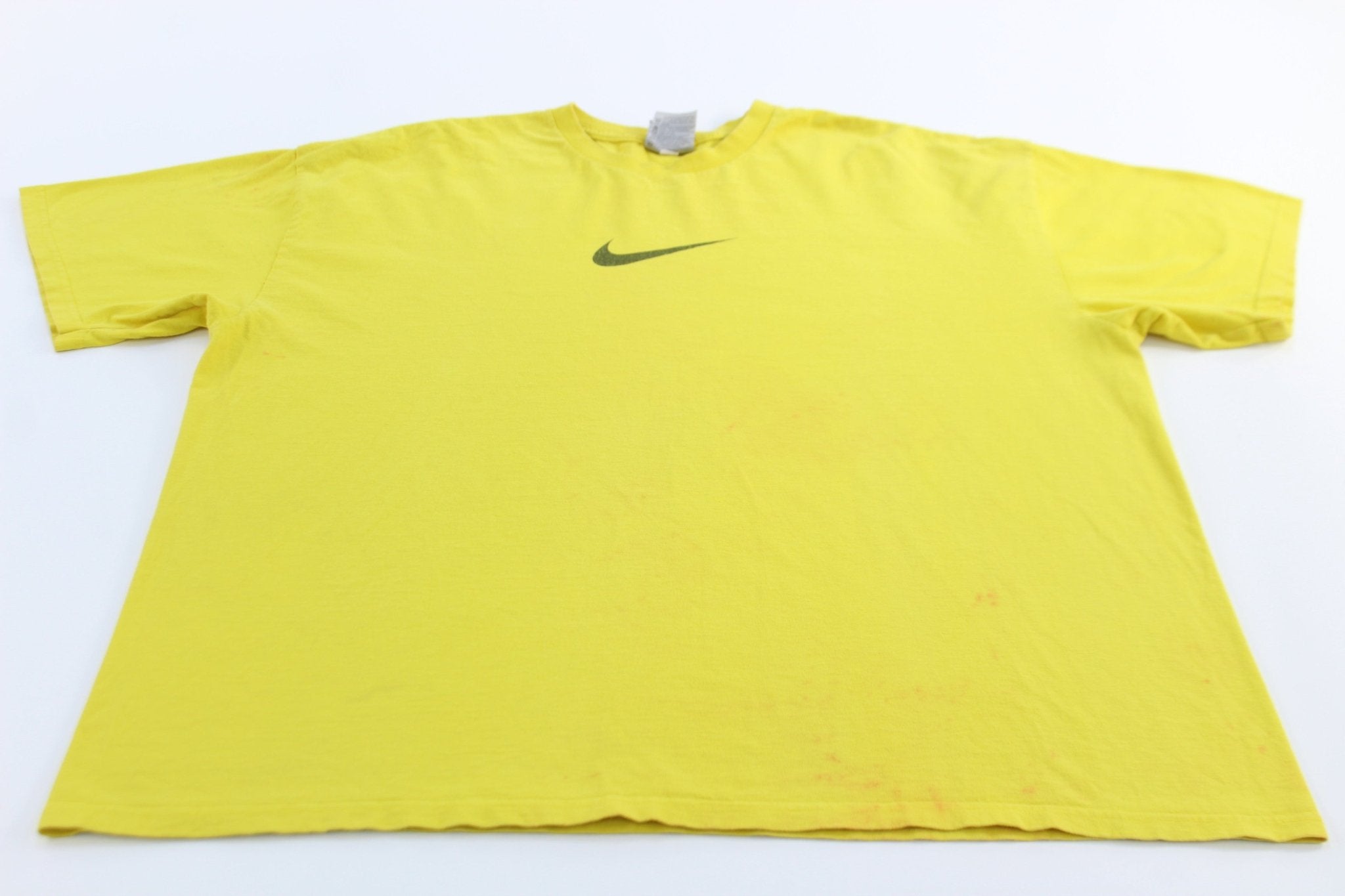 Y2K Nike Center Swoosh Logo Yellow Reach For The Prize T-Shirt - ThriftedThreads.com