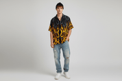 Y2K Sapphire Lounge Flames Graphic Button Down - ThriftedThreads.com