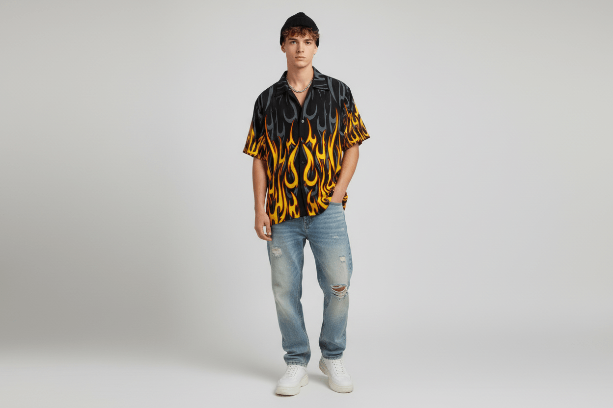Y2K Sapphire Lounge Flames Graphic Button Down - ThriftedThreads.com