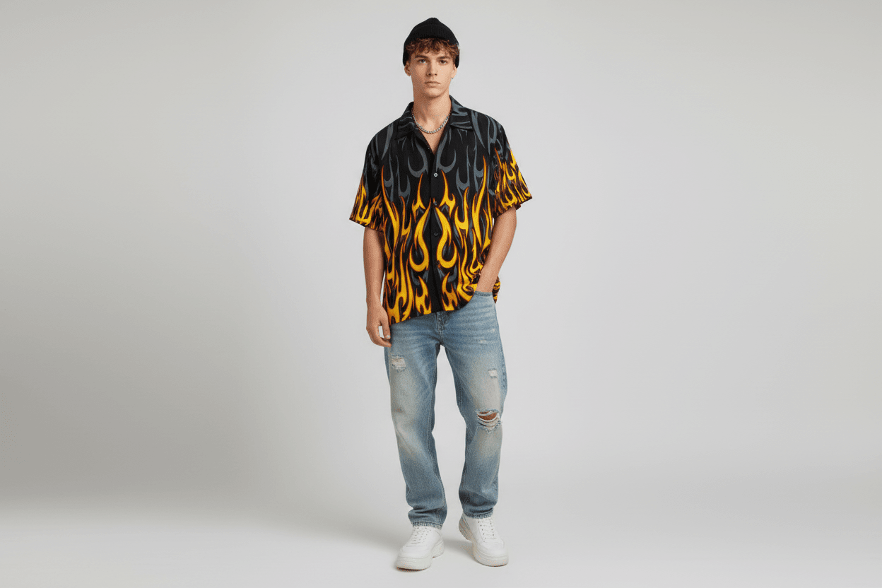 Y2K Sapphire Lounge Flames Graphic Button Down - Button Ups/Downs - Thrifted Threads