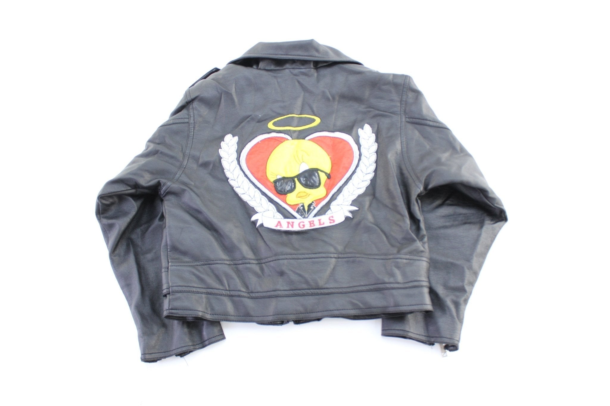 Youth 1997 Tweety Embroidered Black Biker Jacket - Jacket - Thrifted Threads