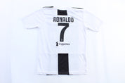 Youth Adidas Embroidered Logo Juventus Cristiano Ronaldo Soccer Striped Jersey - ThriftedThreads.com