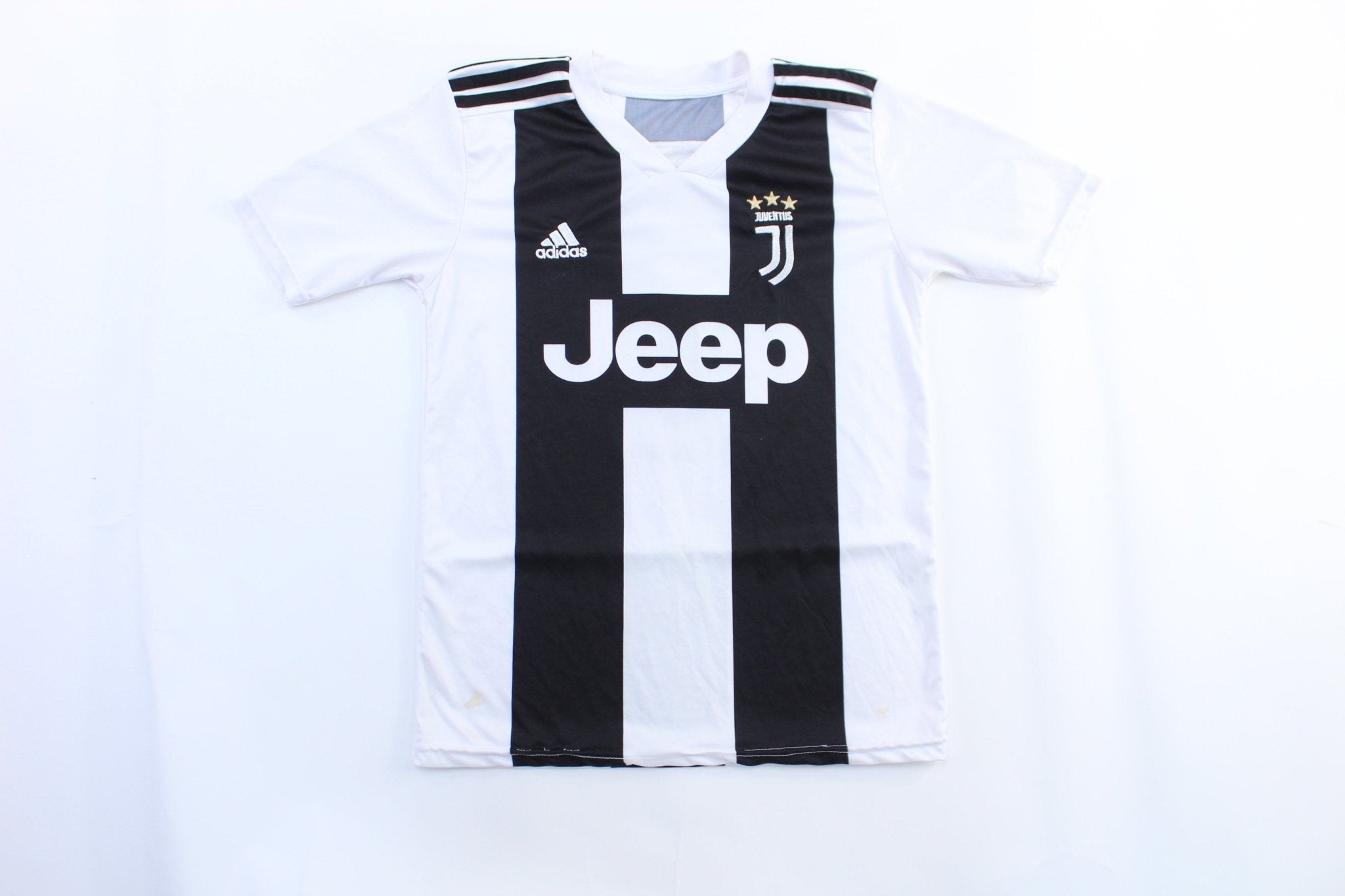 Youth Adidas Embroidered Logo Juventus Cristiano Ronaldo Soccer Striped Jersey - ThriftedThreads.com