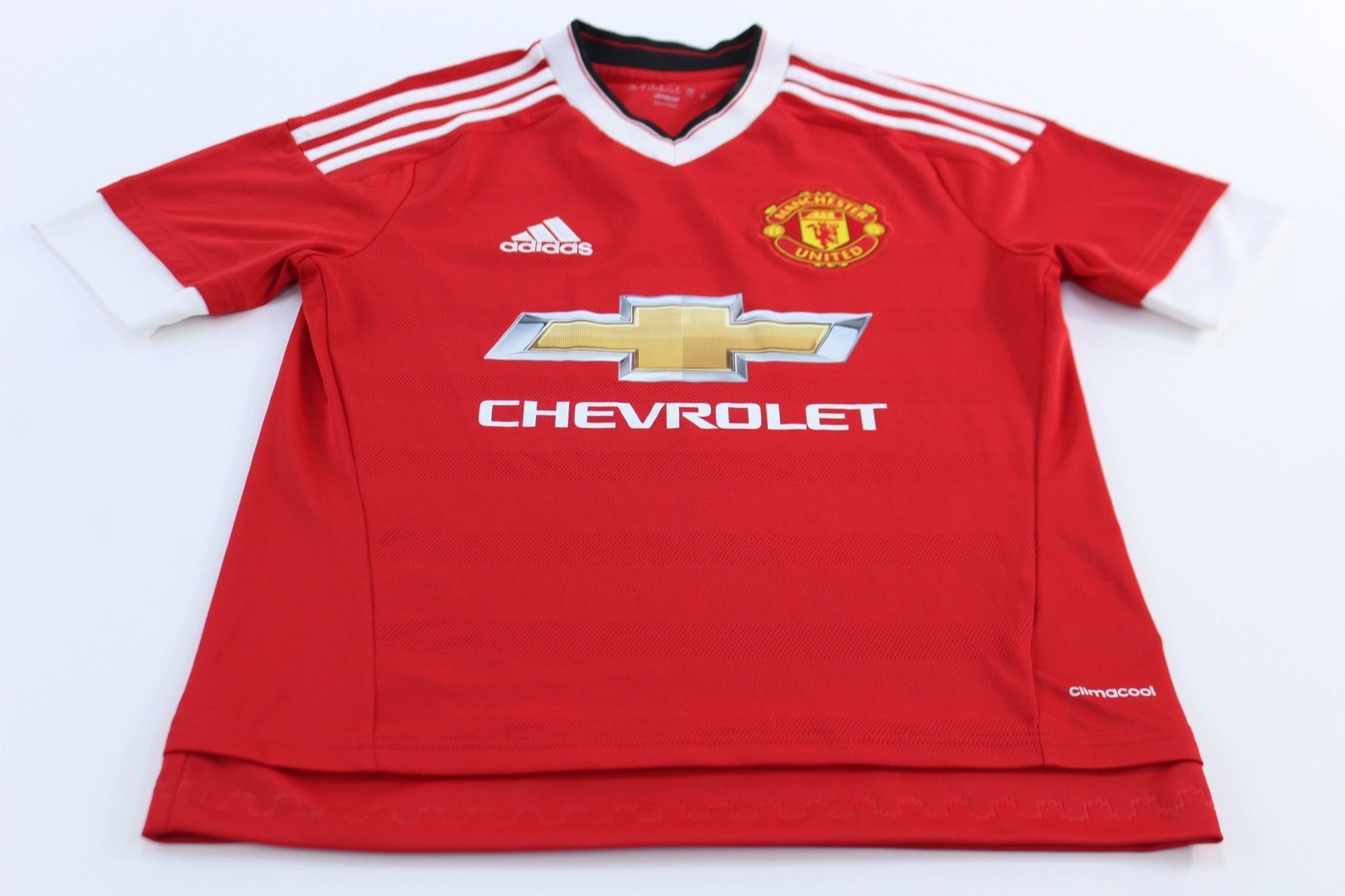 Youth Adidas Embroidered Logo Manchester United Striped Soccer Jersey - ThriftedThreads.com