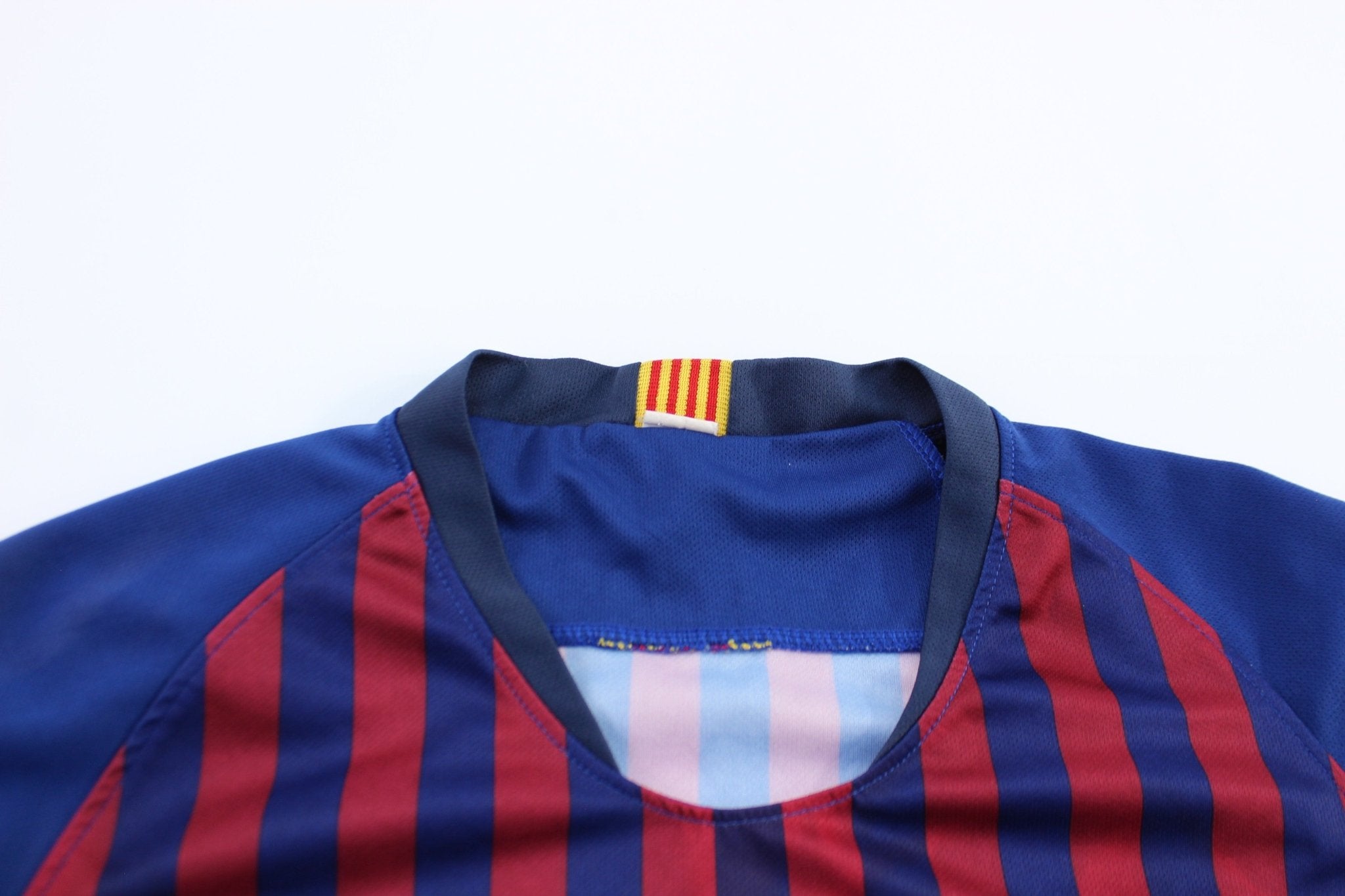 Youth FC Barcelona Embroidered Patch Striped Soccer Jersey - ThriftedThreads.com