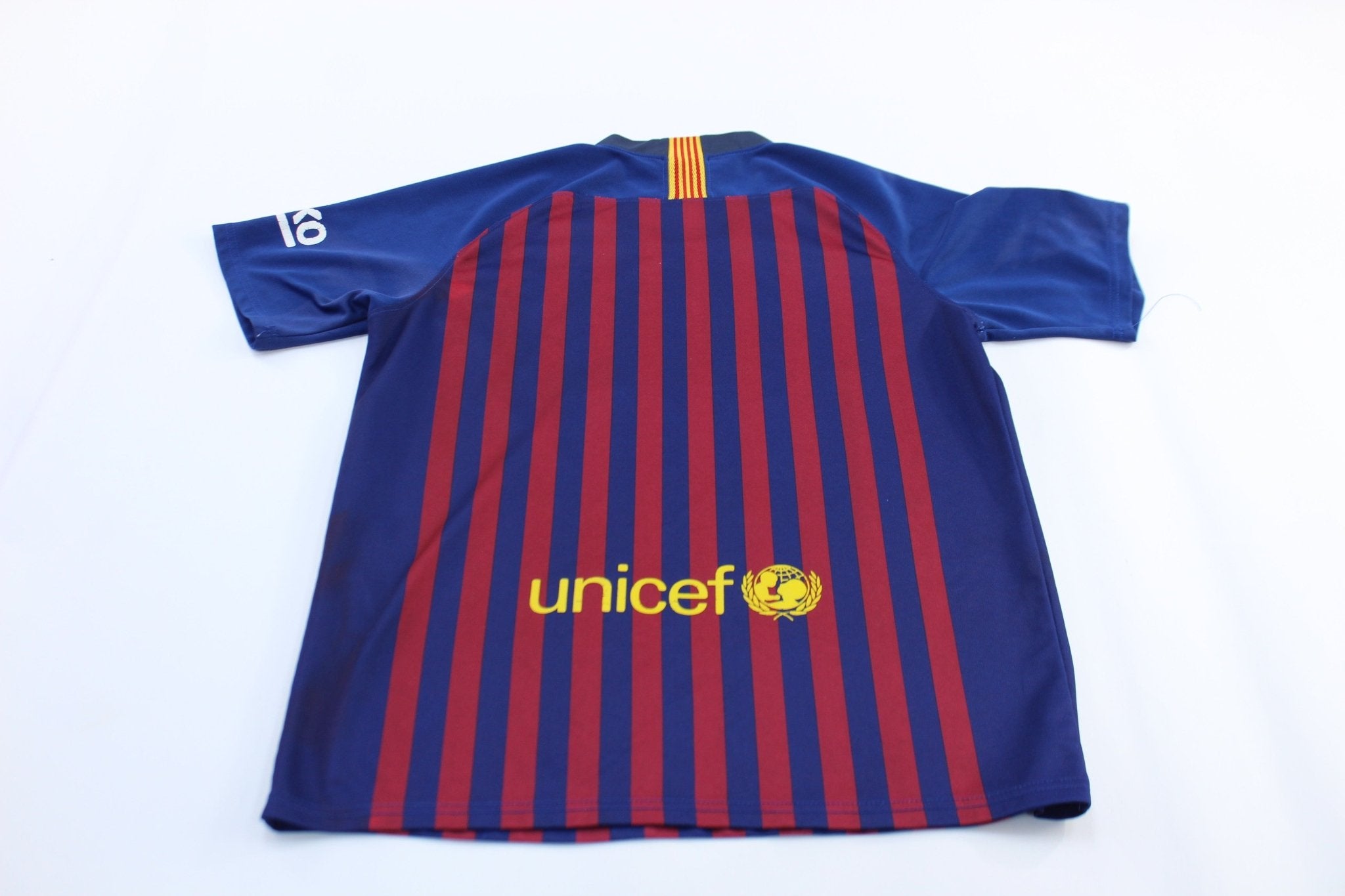 Youth FC Barcelona Embroidered Patch Striped Soccer Jersey - ThriftedThreads.com