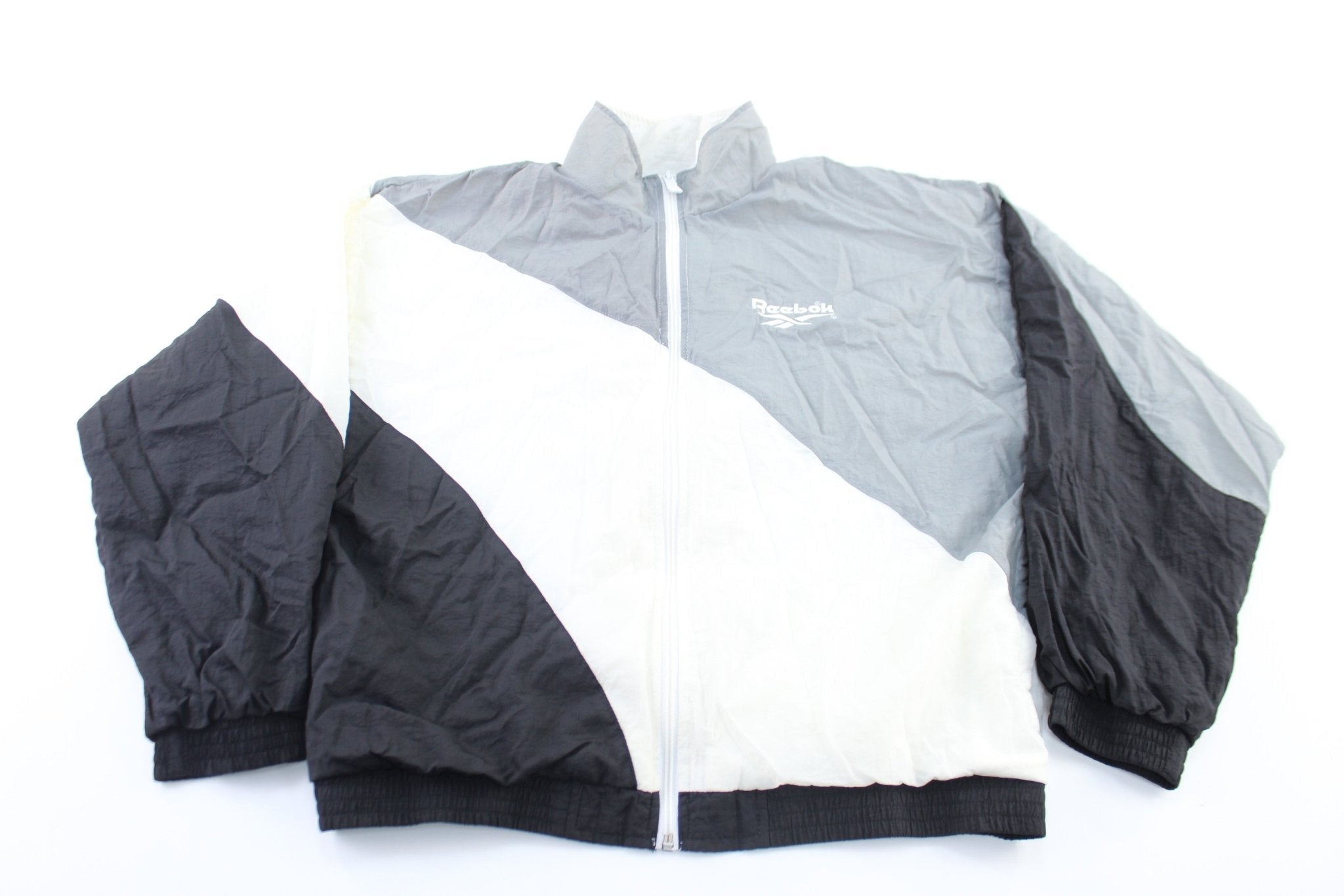 Youth Reebok Embroidered Logo Black, White, & Grey Zip Up Jacket - Jackets - Thrifted Threads